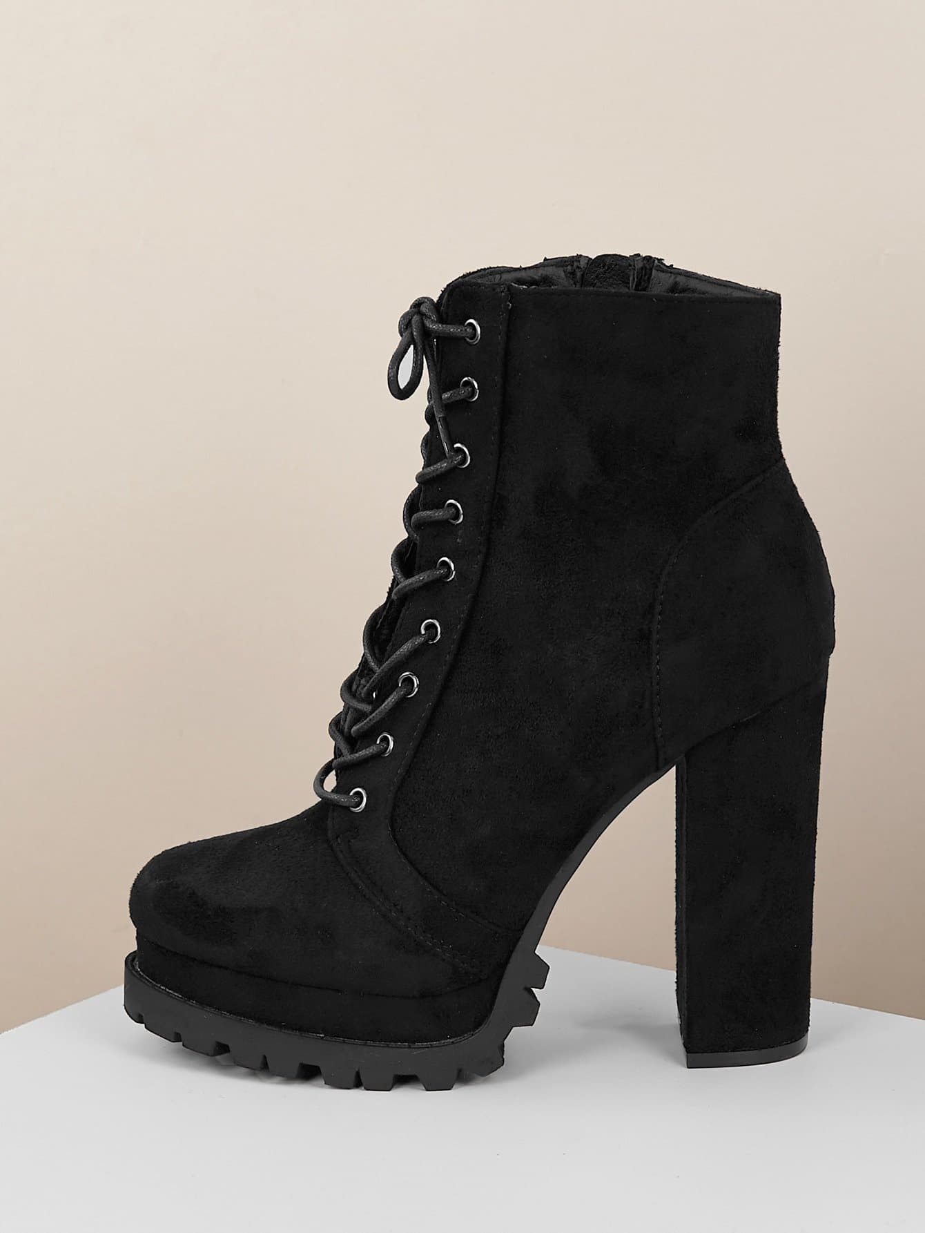 Almond Toe Lace Front Platform Lug Sole Patent Heeled Boots