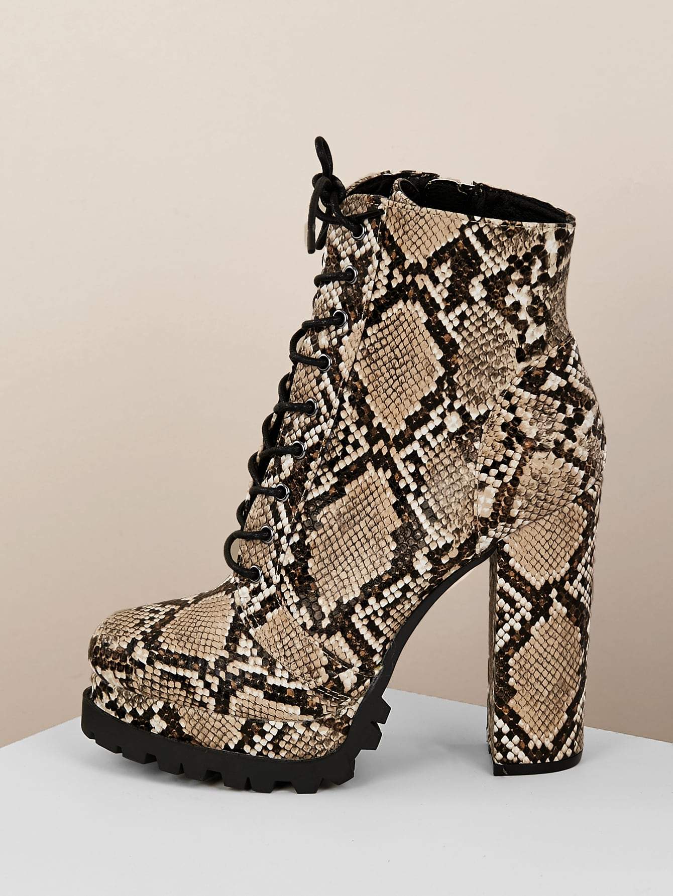 Almond Toe Lace Front Platform Lug Sole Patent Heeled Boots