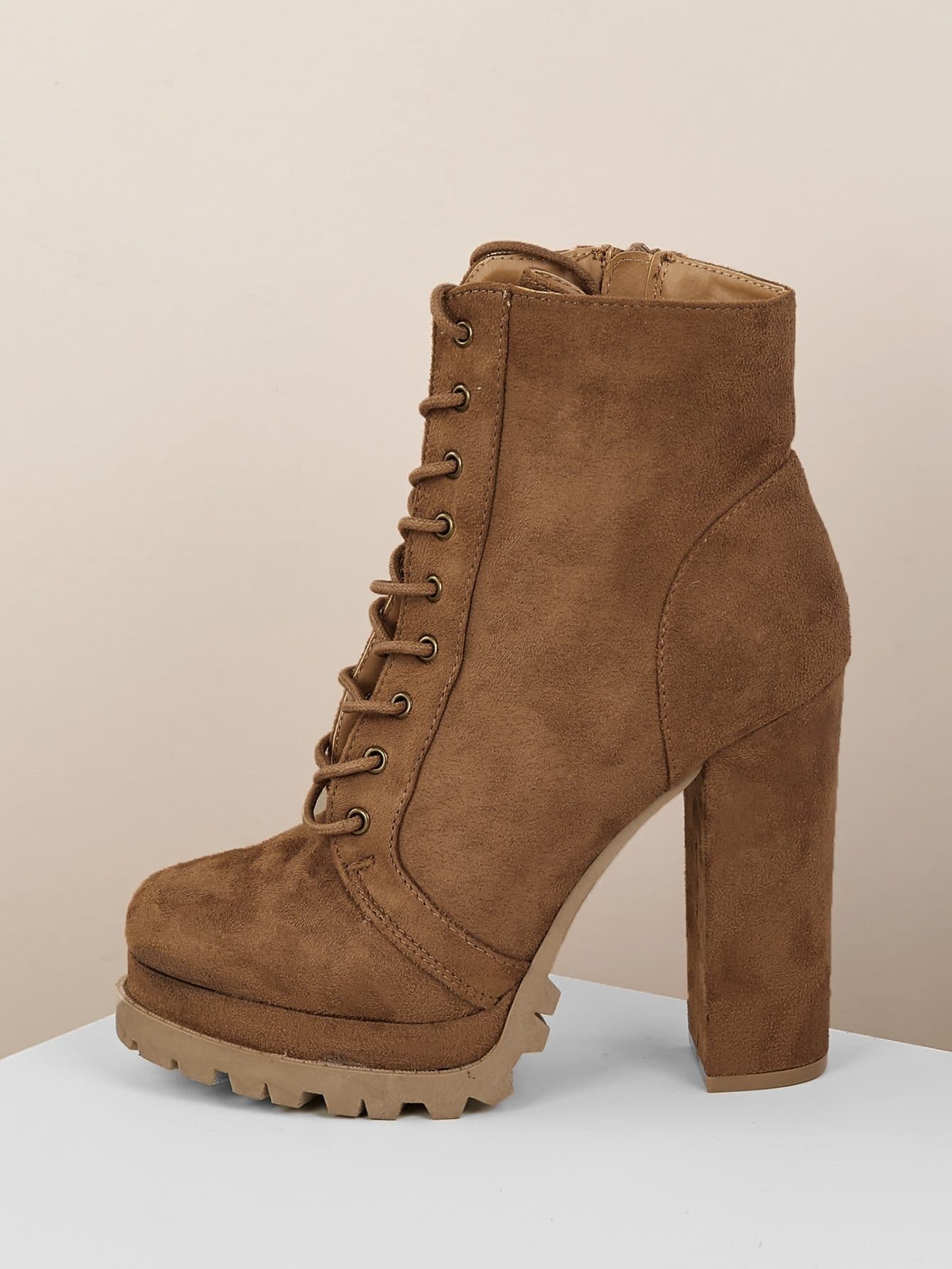 Almond Toe Lace Front Platform Lug Sole Patent Heeled Boots