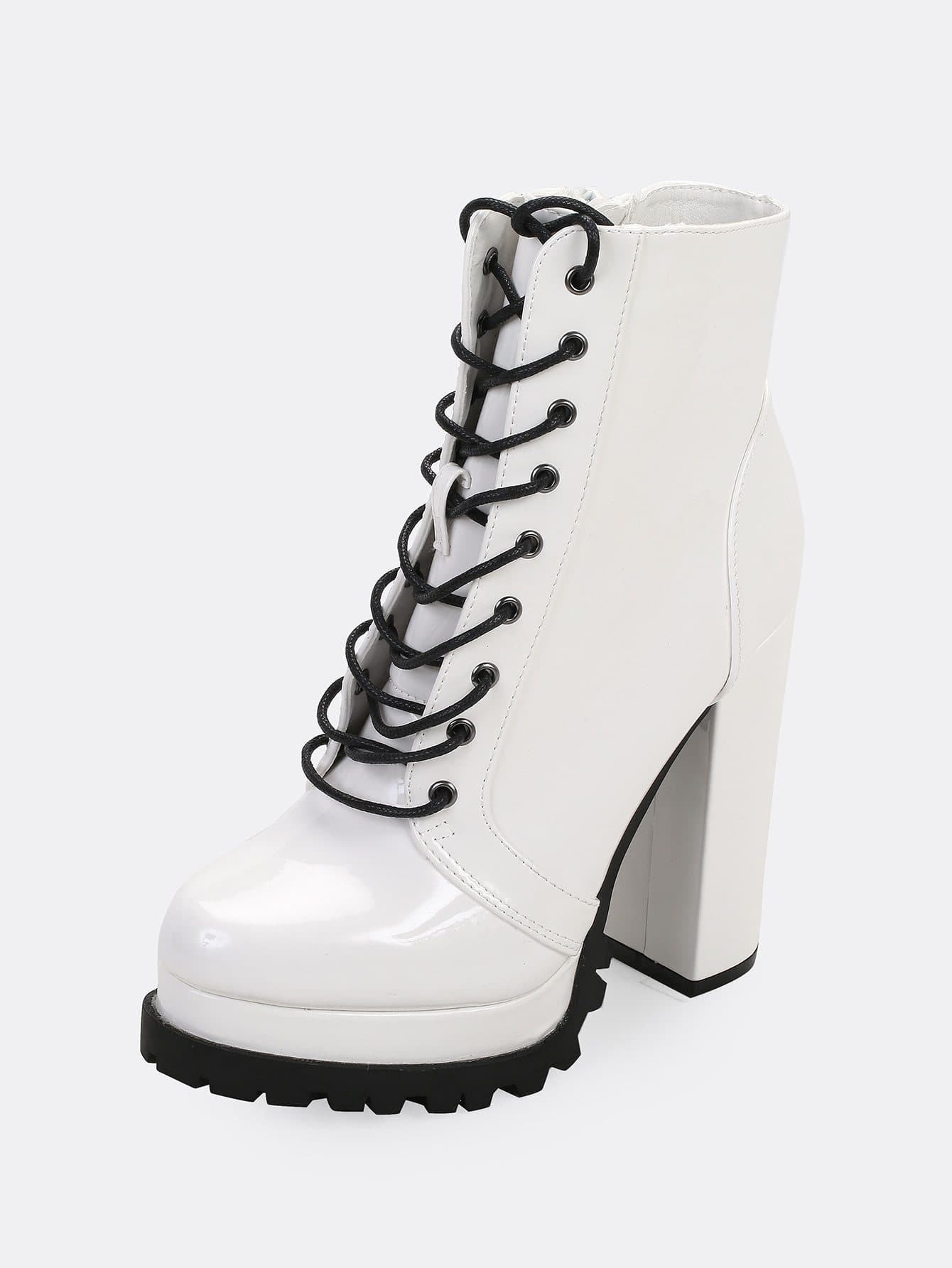 Almond Toe Lace Front Platform Lug Sole Patent Heeled Boots