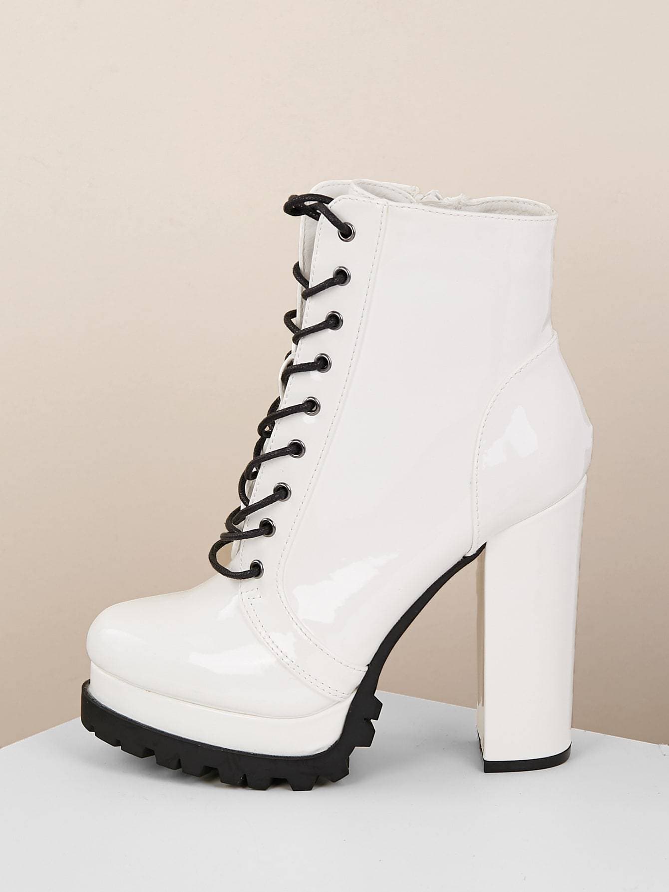 Almond Toe Lace Front Platform Lug Sole Patent Heeled Boots