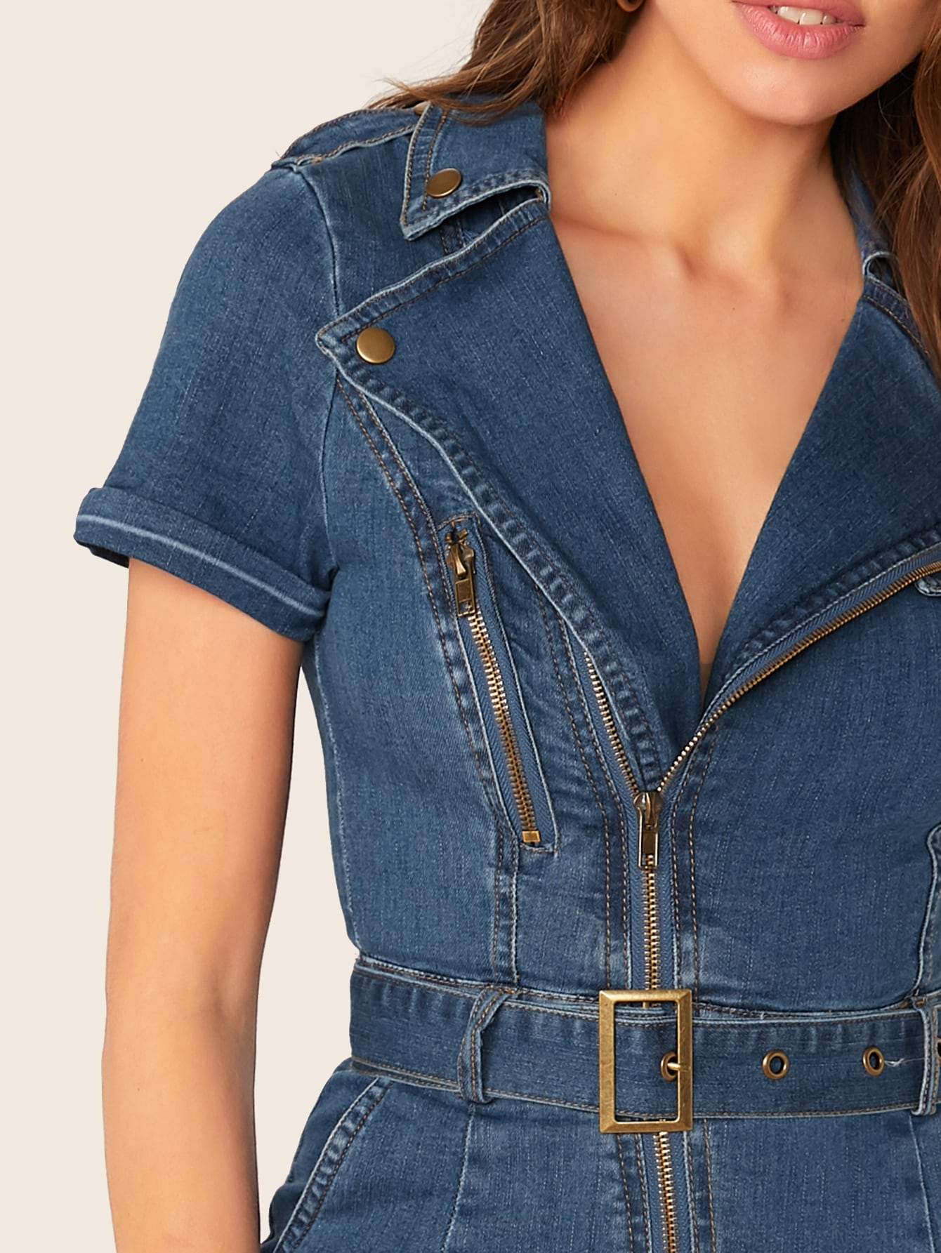 Blue Zip Front Cuffed Sleeves Belted Waist Denim Romper Jumpsuit