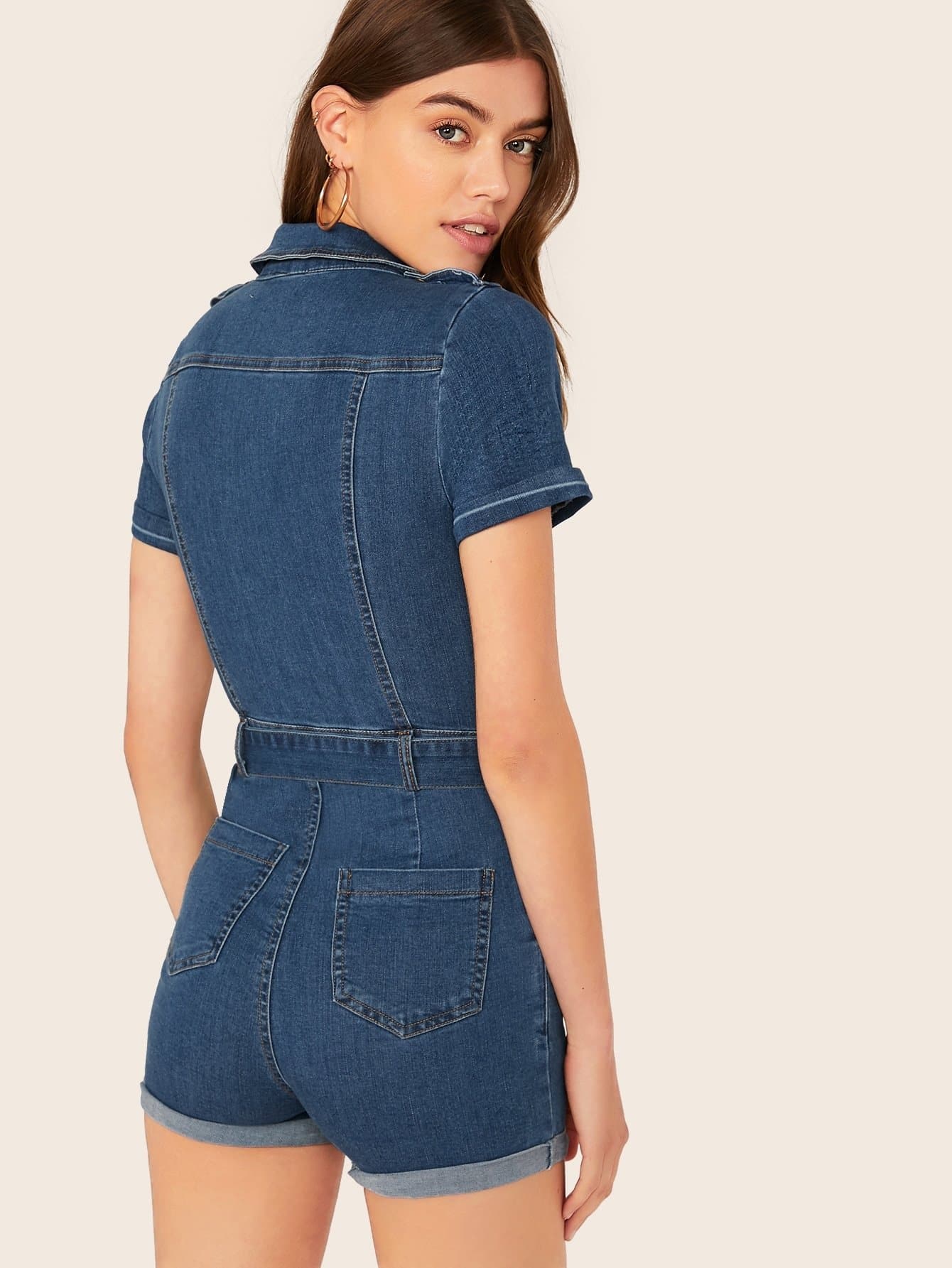 Blue Zip Front Cuffed Sleeves Belted Waist Denim Romper Jumpsuit