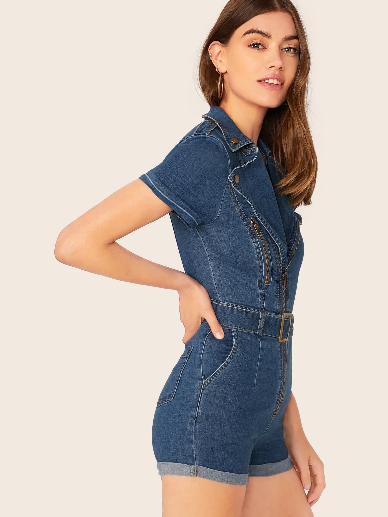 Blue Zip Front Cuffed Sleeves Belted Waist Denim Romper Jumpsuit
