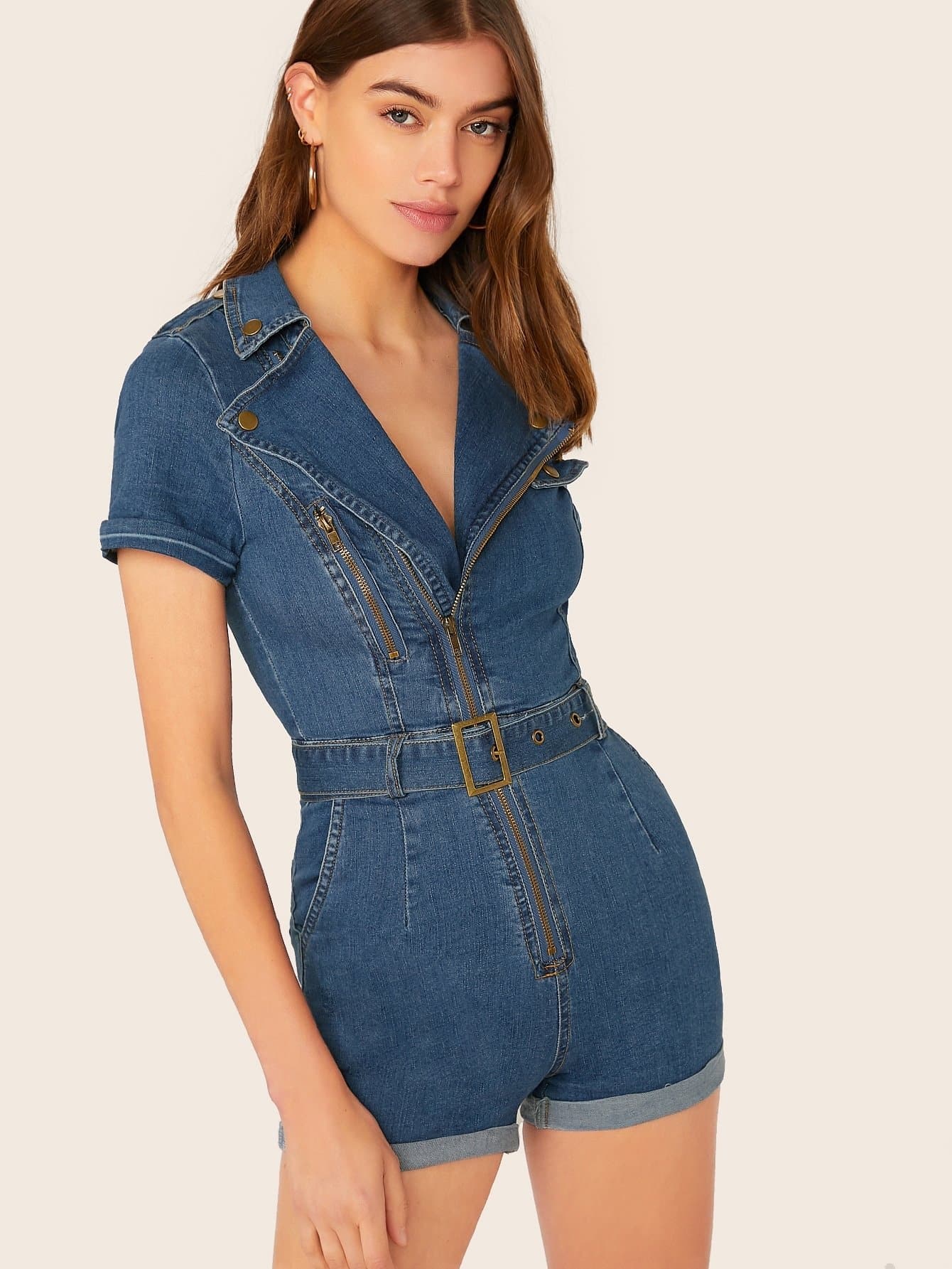 Blue Zip Front Cuffed Sleeves Belted Waist Denim Romper Jumpsuit