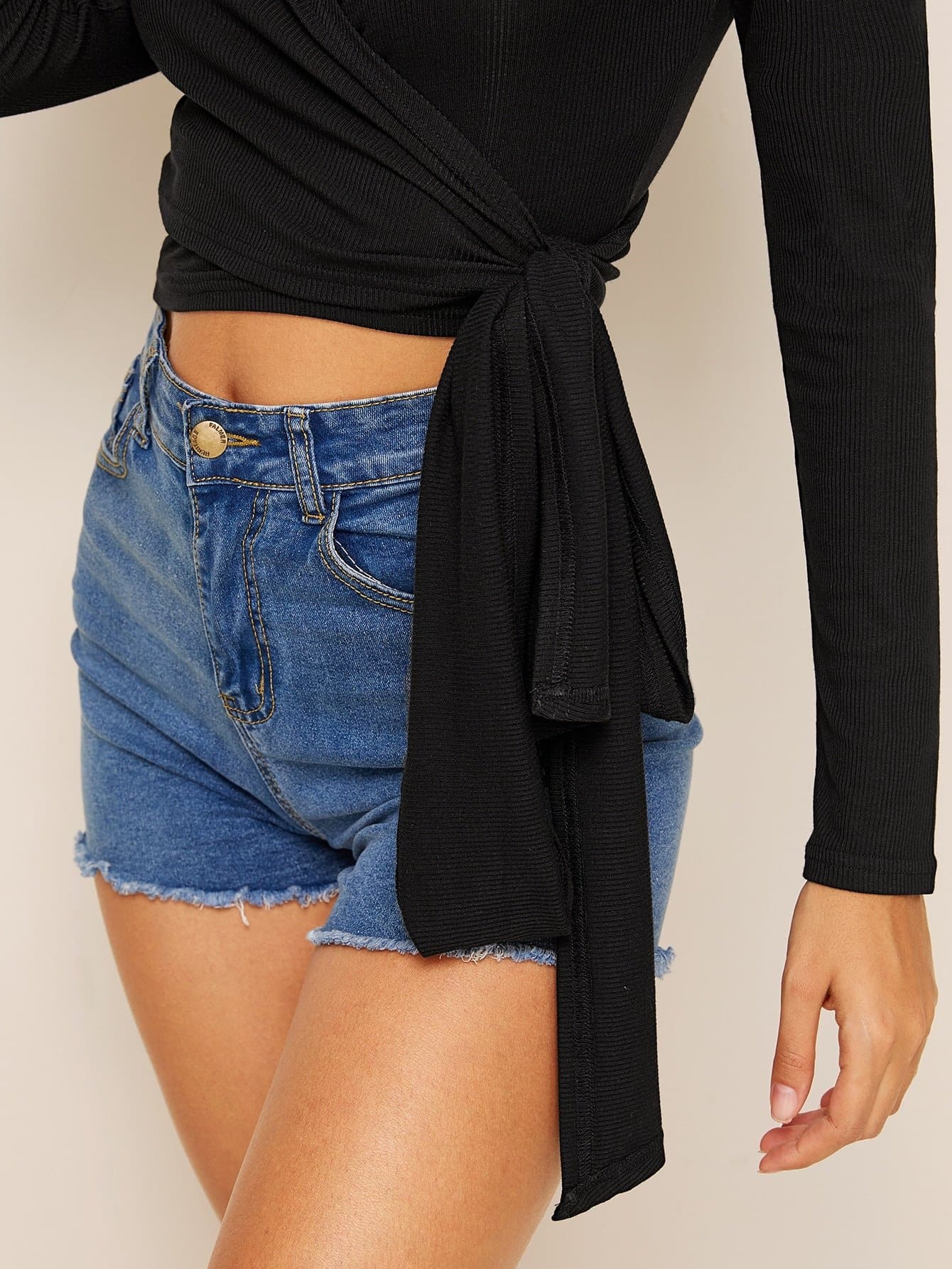 Black Rib Knit Slim Fit Plunging Tie Side Wrap Crop Top