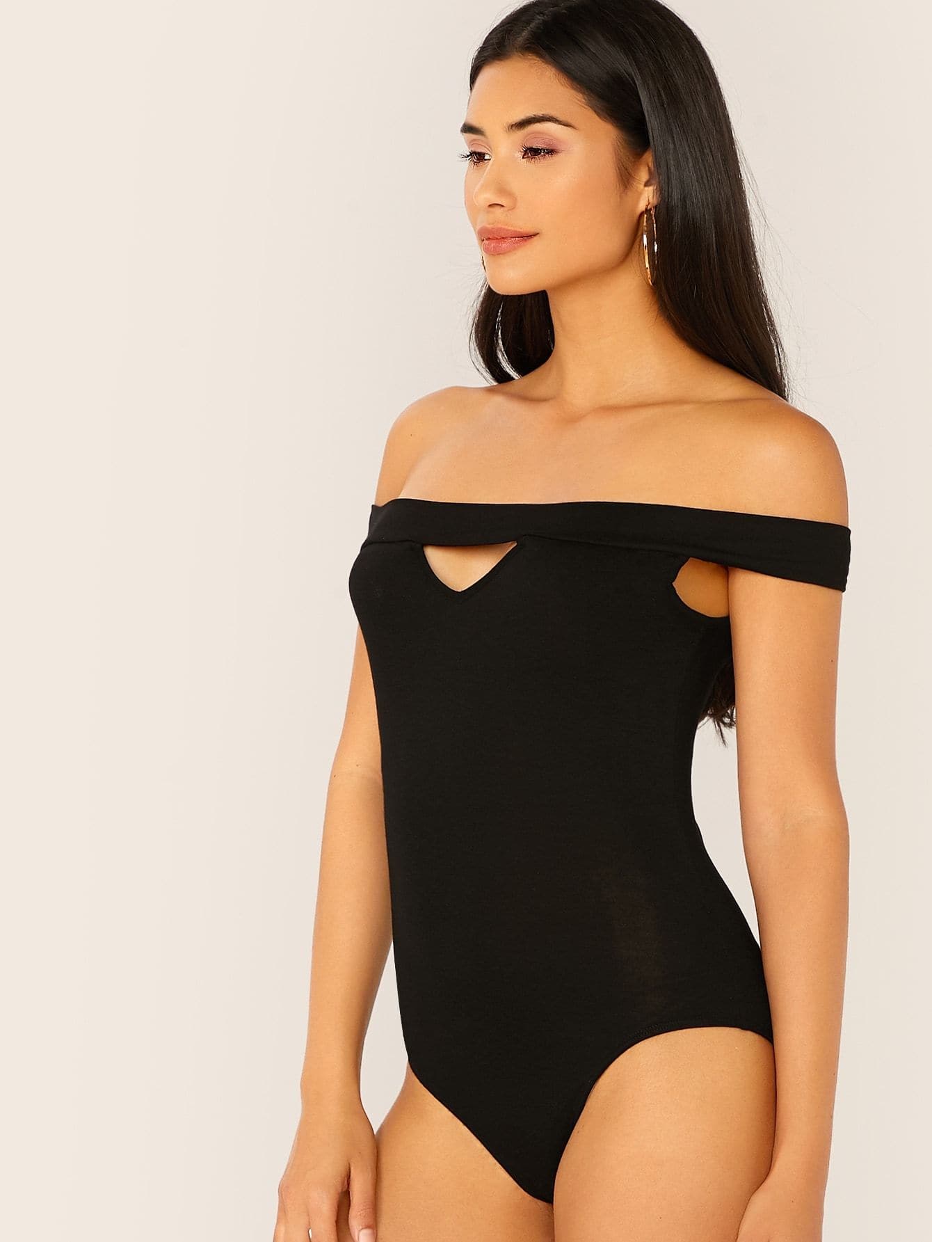 Black Cut Out Off Shoulder Peekaboo Front Bardot Bodysuit