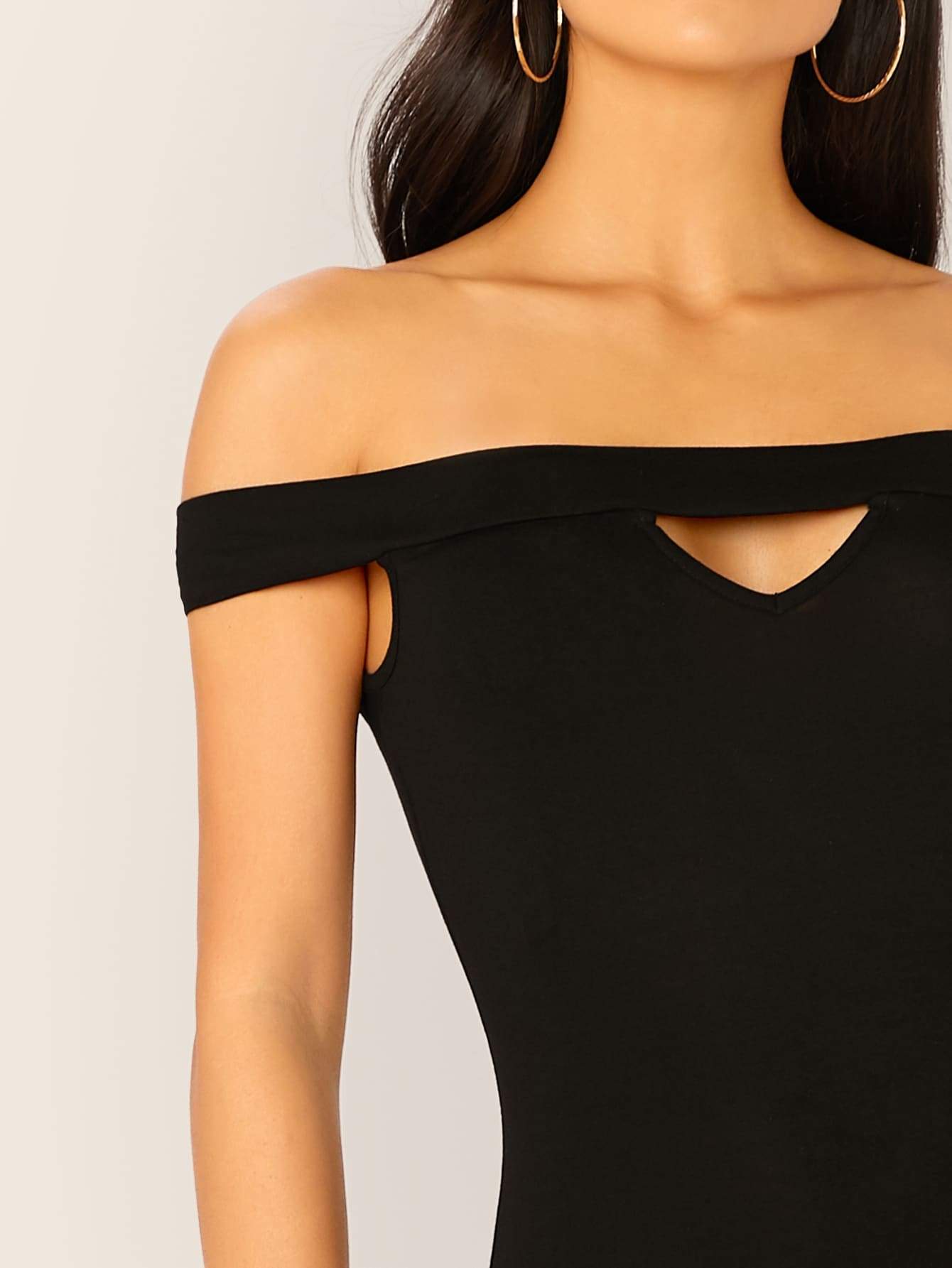 Black Cut Out Off Shoulder Peekaboo Front Bardot Bodysuit