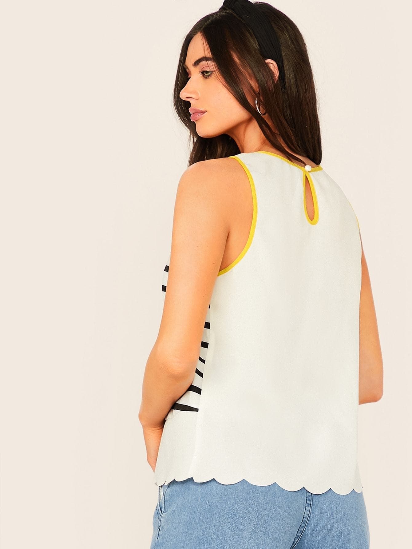 Colorblock Scallop Hem Striped Top