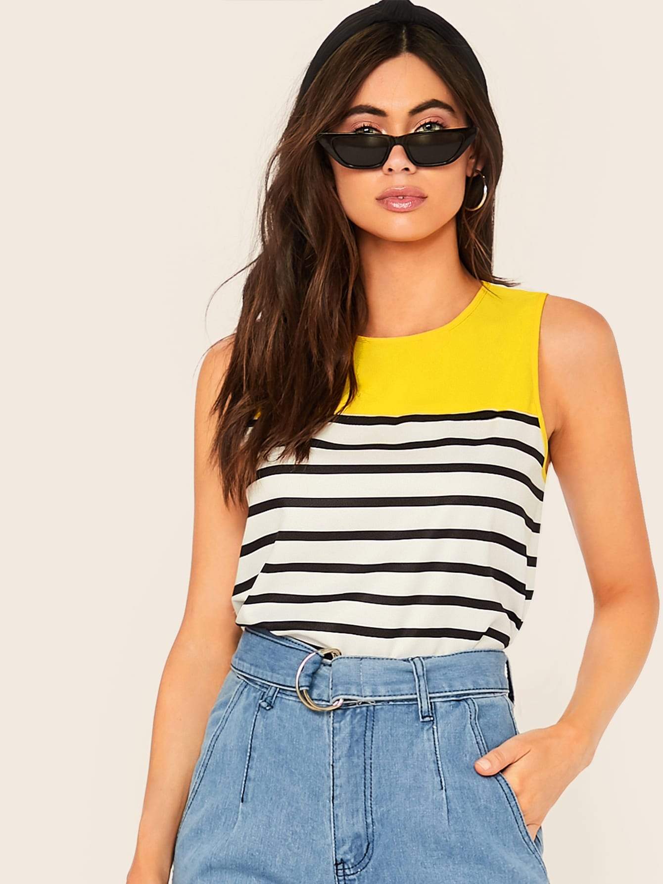 Colorblock Scallop Hem Striped Top