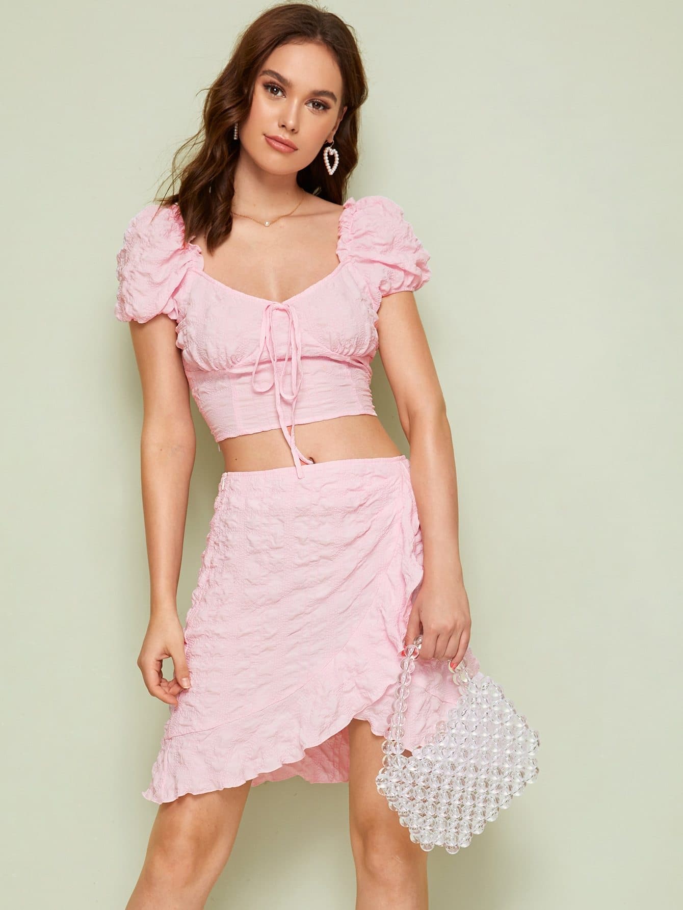 Pastel Pink Tie Neck Puff Sleeve Top and Wrap Skirt Set