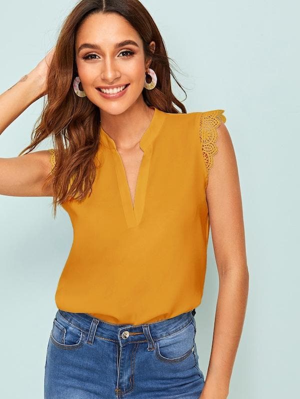 V-Neck Sleeveless Notch Neck Guipure Lace Trim Top