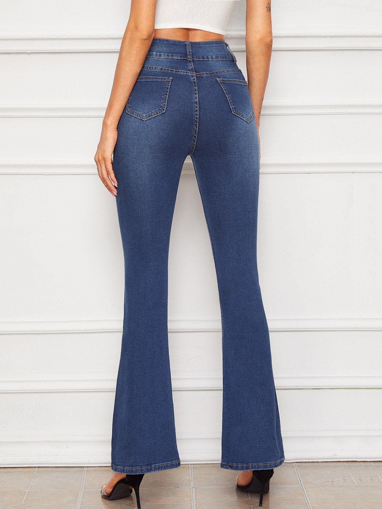 Navy Blue High Waist Dark Wash Flare Leg Jeans