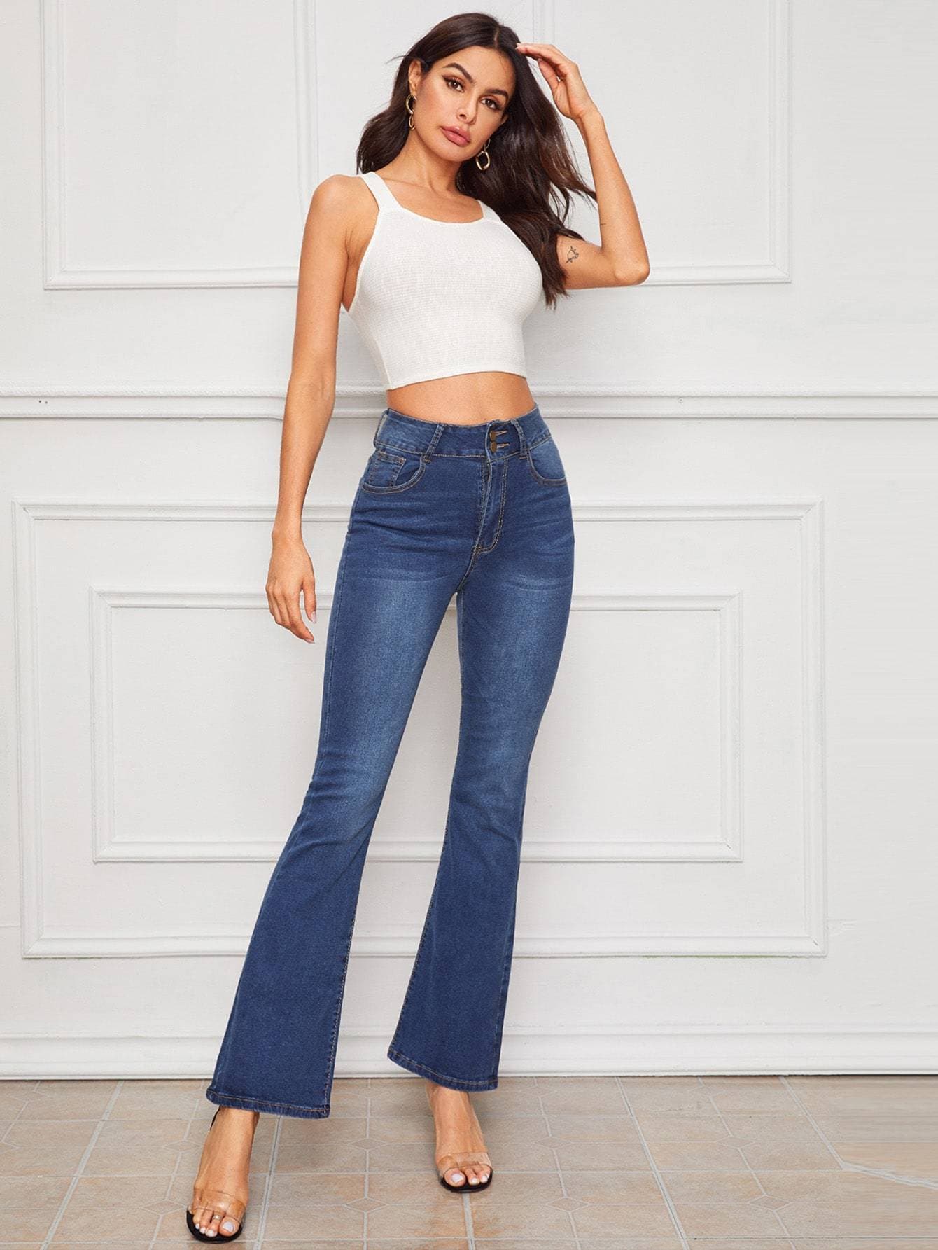 Navy Blue High Waist Dark Wash Flare Leg Jeans