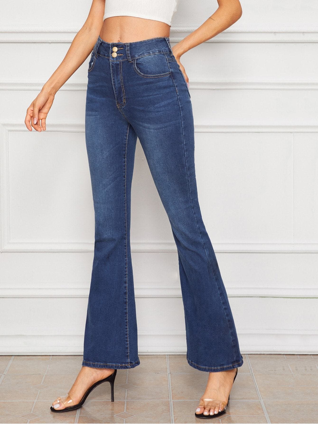 Navy Blue High Waist Dark Wash Flare Leg Jeans