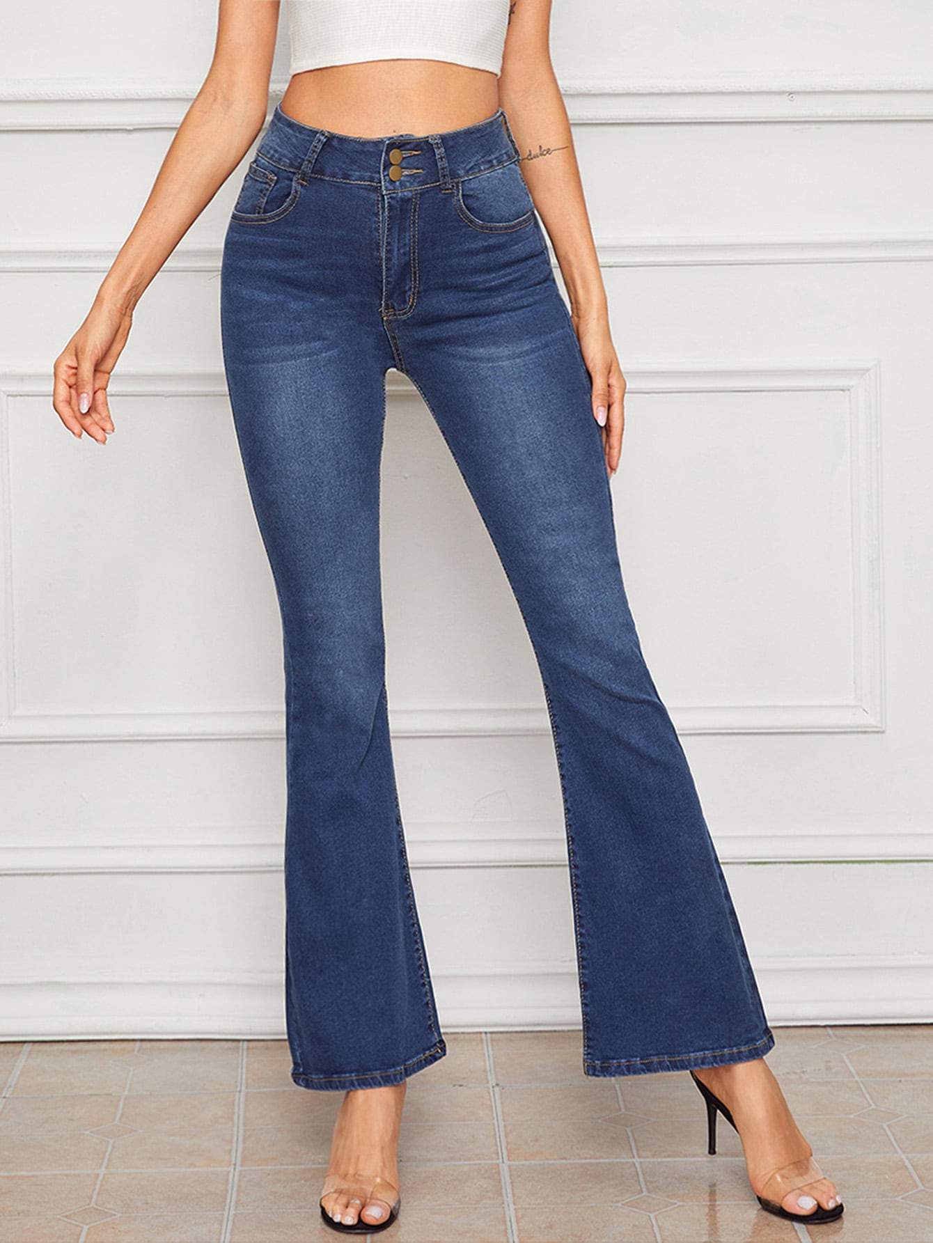 Navy Blue High Waist Dark Wash Flare Leg Jeans