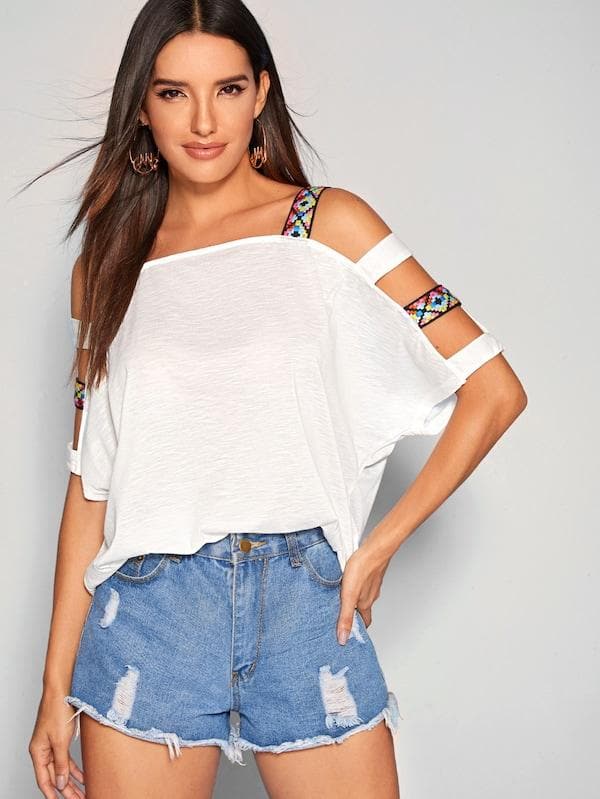 Batwing Cold Shoulder Tape Detail Top