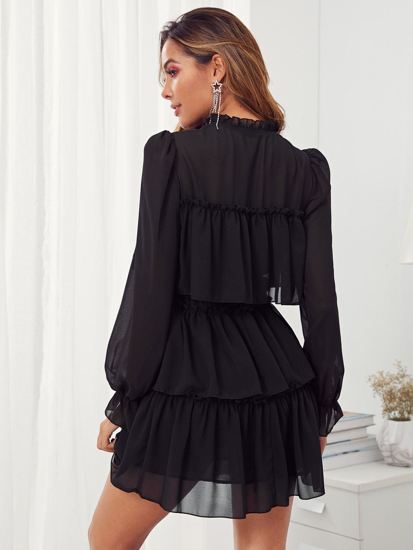 Black Stand Collar Tie Neck Ruffle Trim Layered Dress