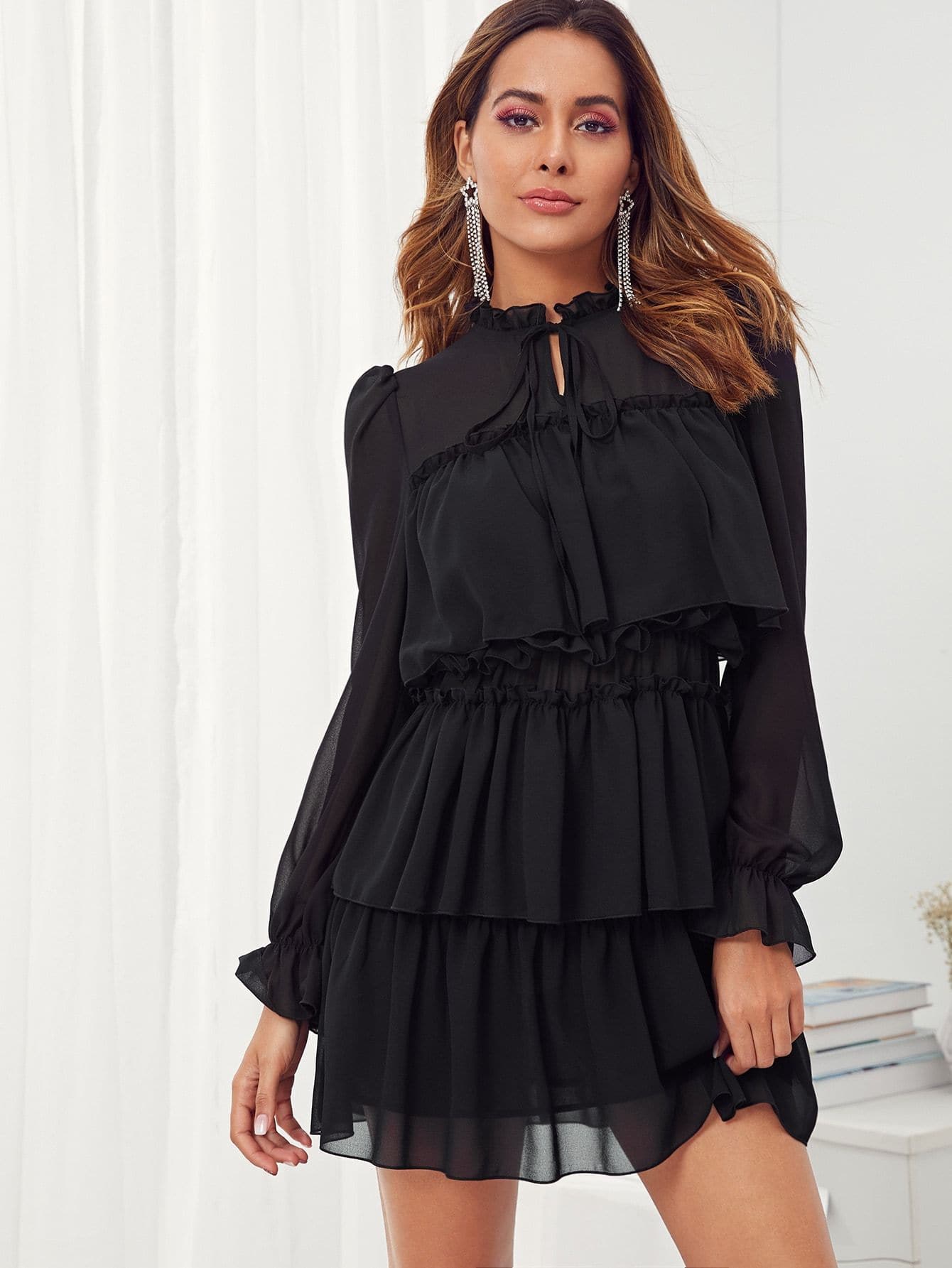 Black Stand Collar Tie Neck Ruffle Trim Layered Dress