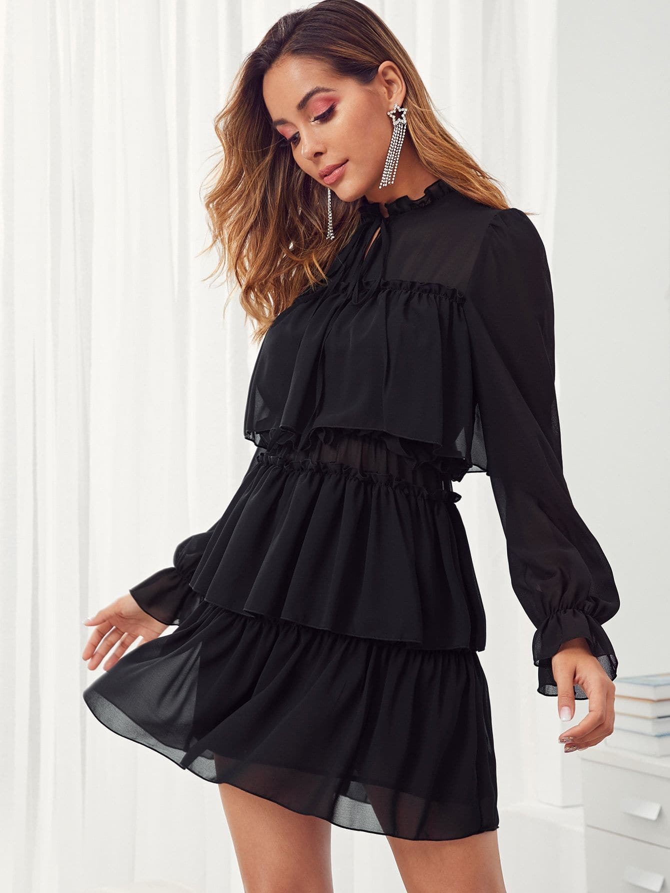 Black Stand Collar Tie Neck Ruffle Trim Layered Dress
