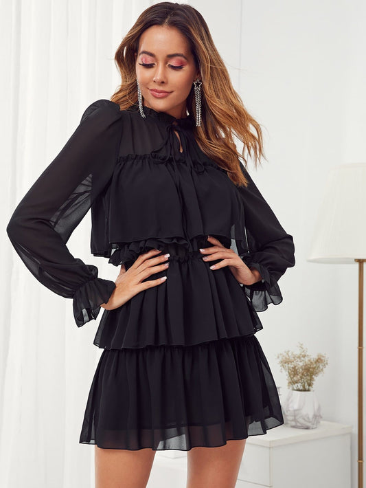 Black Stand Collar Tie Neck Ruffle Trim Layered Dress