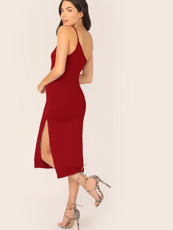 Sleeveless One Shoulder Split Thigh Form Fitted Dress - Burgundy
