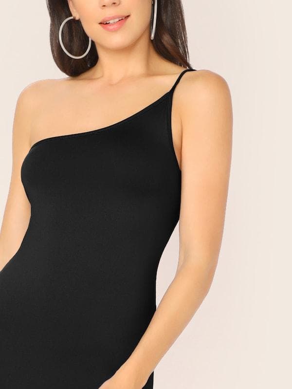 Sleeveless One Shoulder Split Thigh Form Fitted Dress - Black