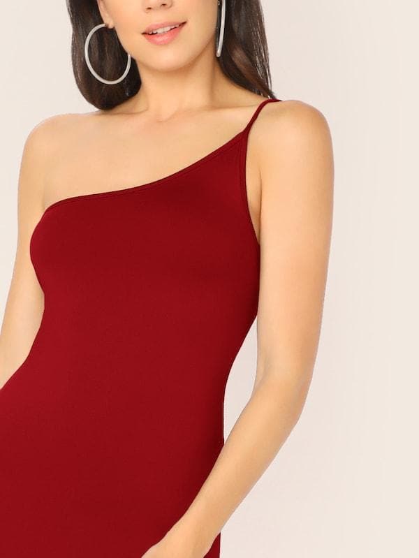 Sleeveless One Shoulder Split Thigh Form Fitted Dress - Burgundy