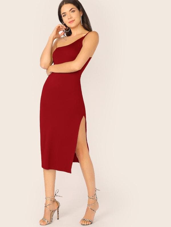 Sleeveless One Shoulder Split Thigh Form Fitted Dress - Burgundy