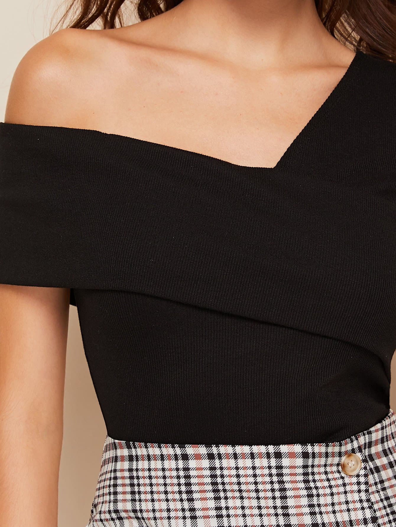 Black Slim Fit Asymmetrical Neck Foldover Front Top