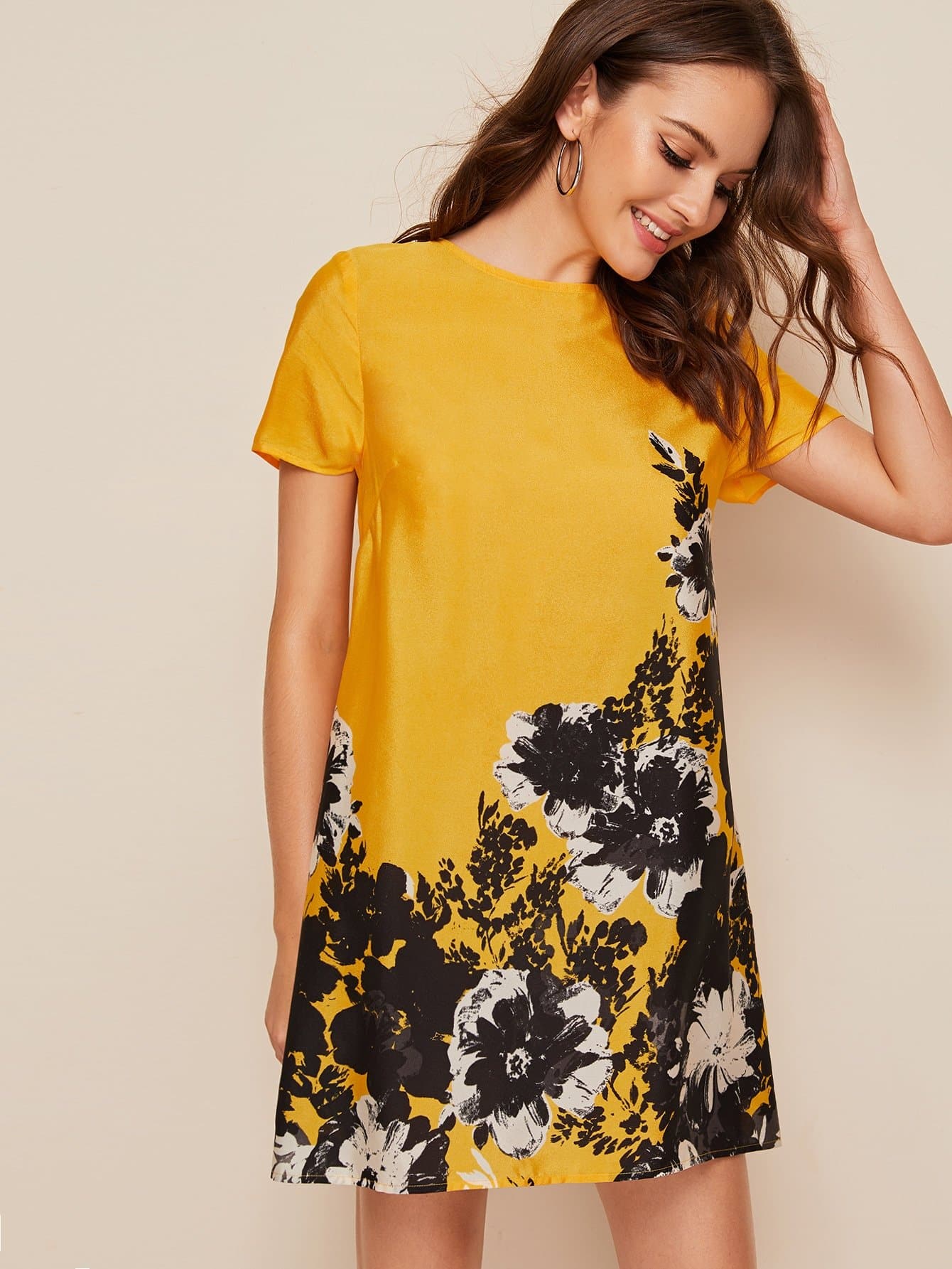 Yellow Round Neck Floral Print Tunic Dress