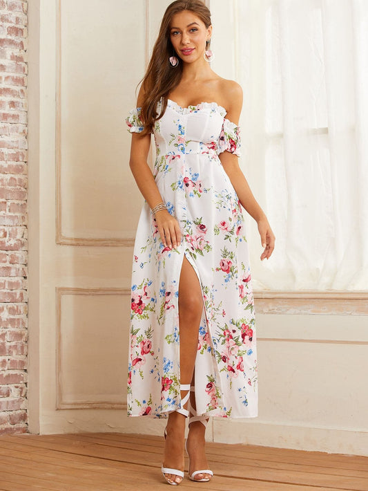 White Off Shoulder Floral Frill Trim Split Thigh Dress