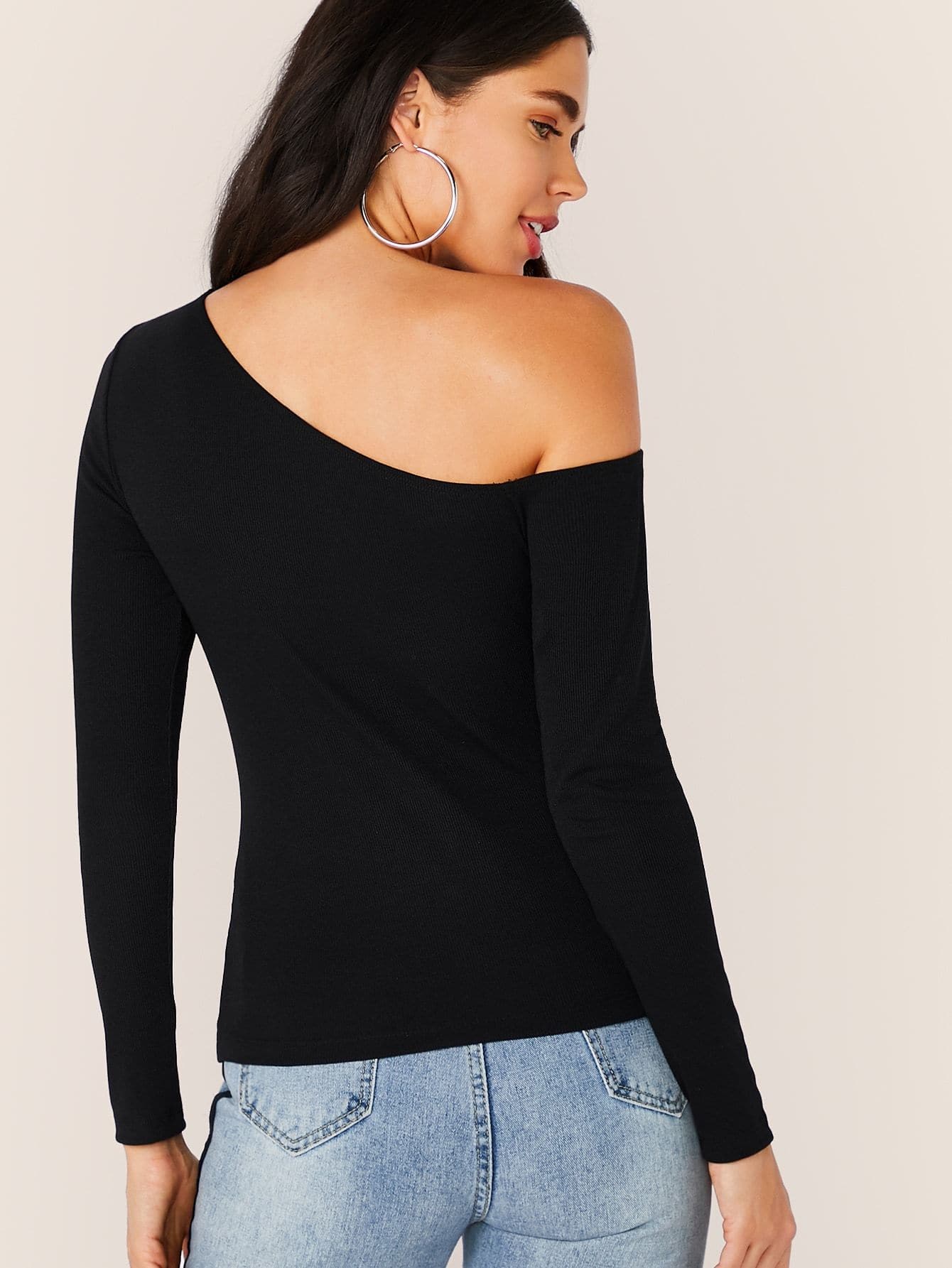 Black Slim Fit Solid Asymmetrical Neck Form Fitted Top