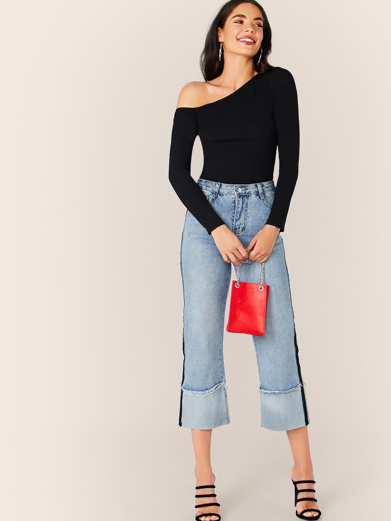 Black Slim Fit Solid Asymmetrical Neck Form Fitted Top