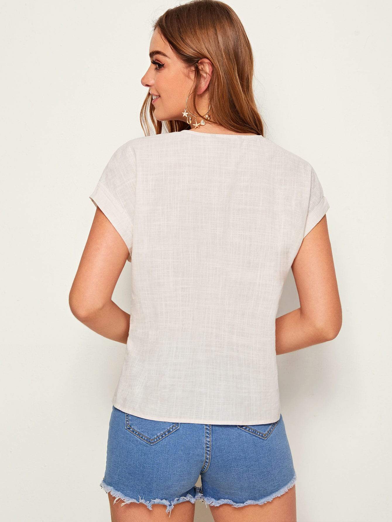V-Neck Beige Batwing Sleeve Single Breasted Shirt