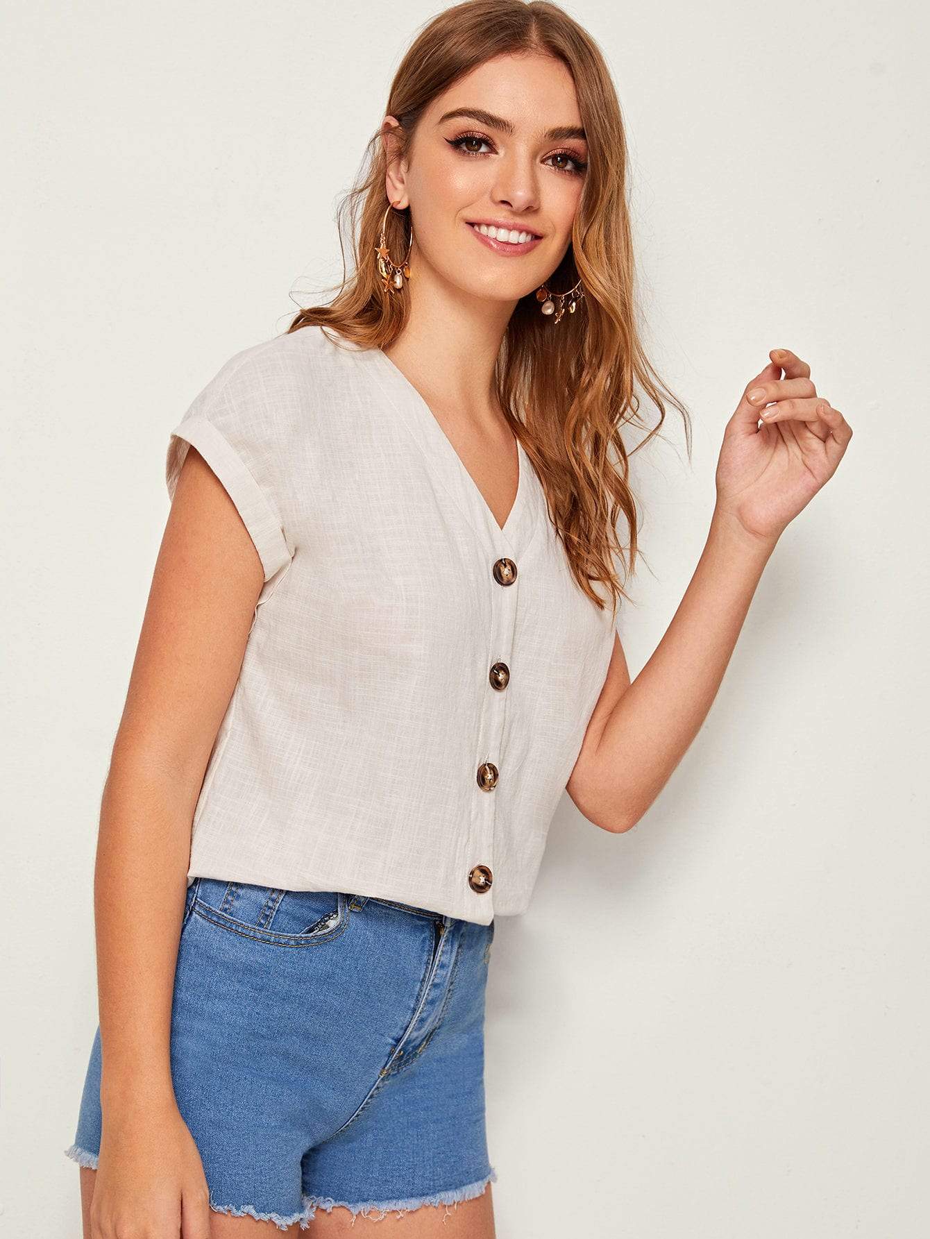 V-Neck Beige Batwing Sleeve Single Breasted Shirt