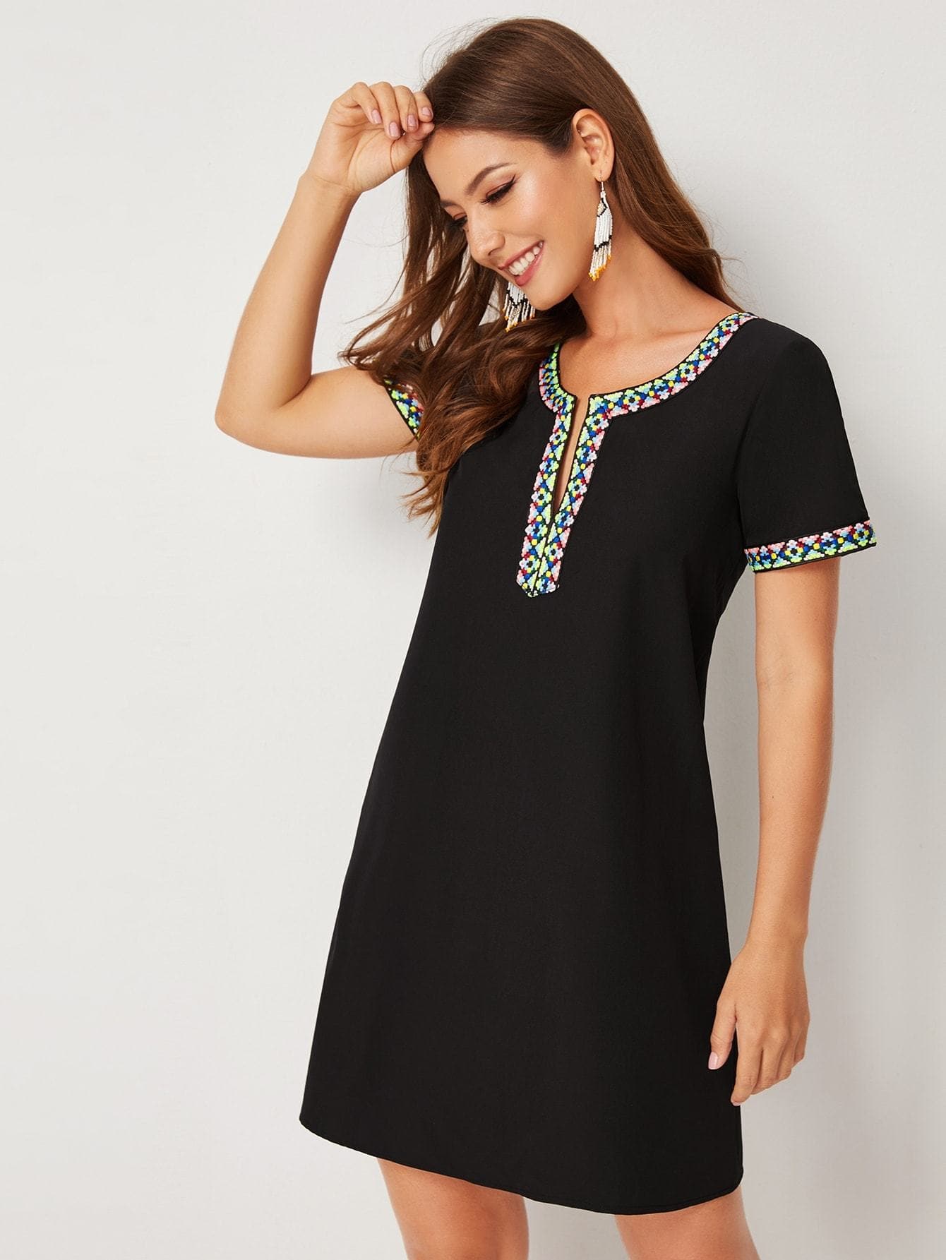 Black Tribal Tape Panel V-neck Dress