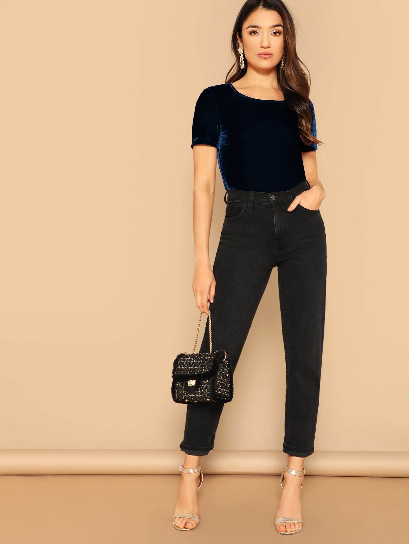 Navy Blue Scoop Neck Velvet Top