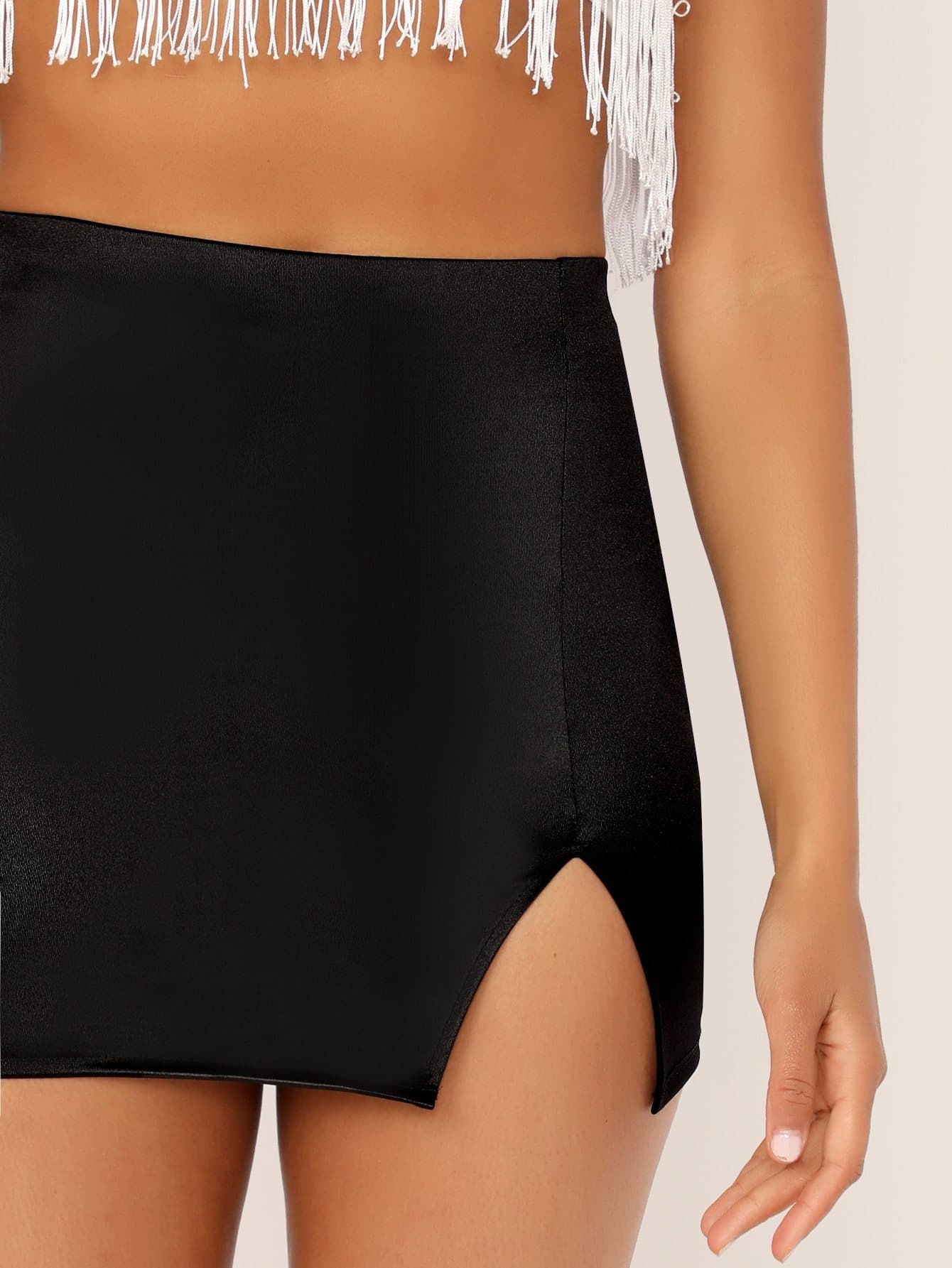 Black High Waist Split Satin Mini Skirt