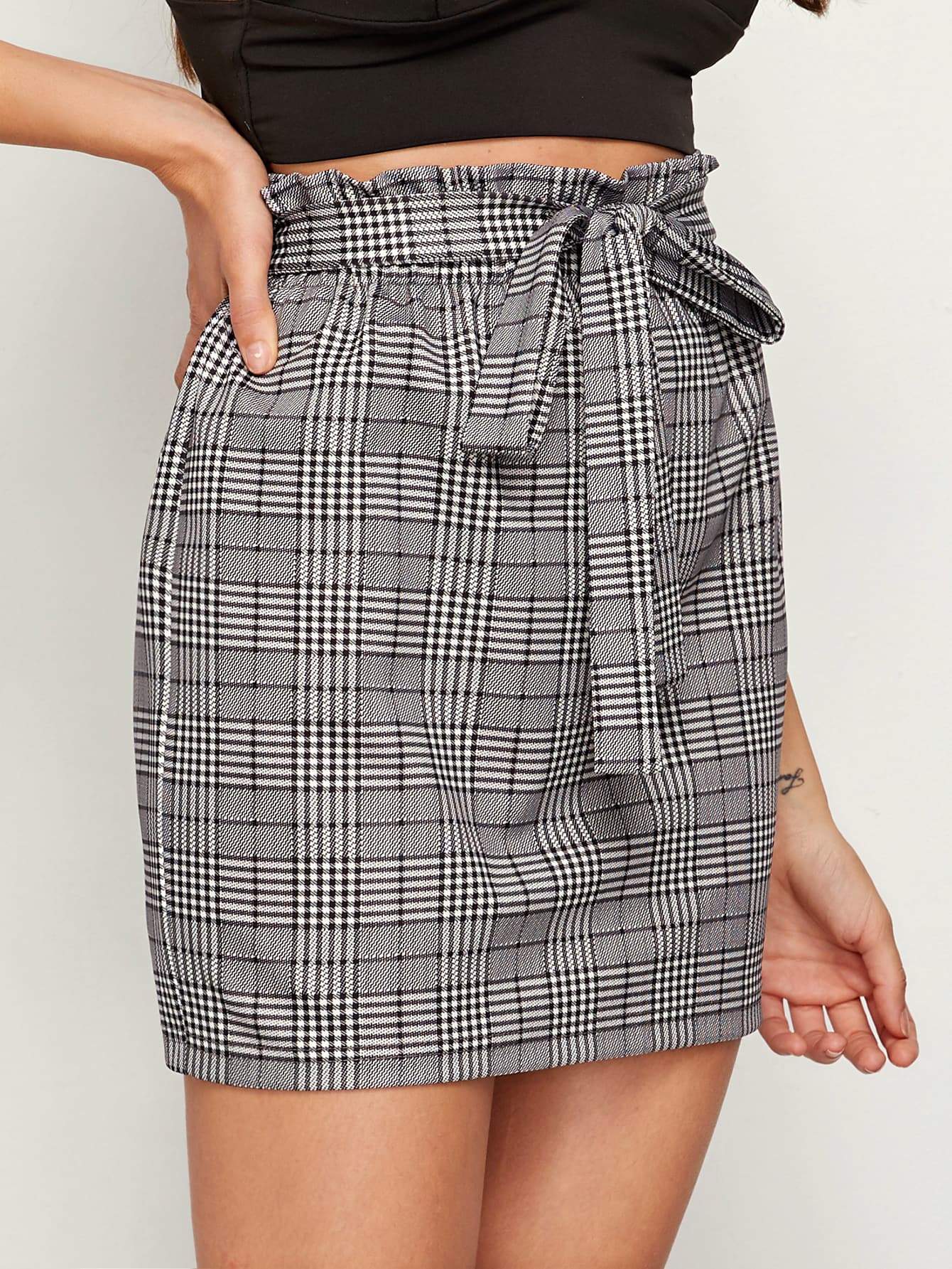 Grey Frilled Waist Glen Plaid Belted Mini Skirt
