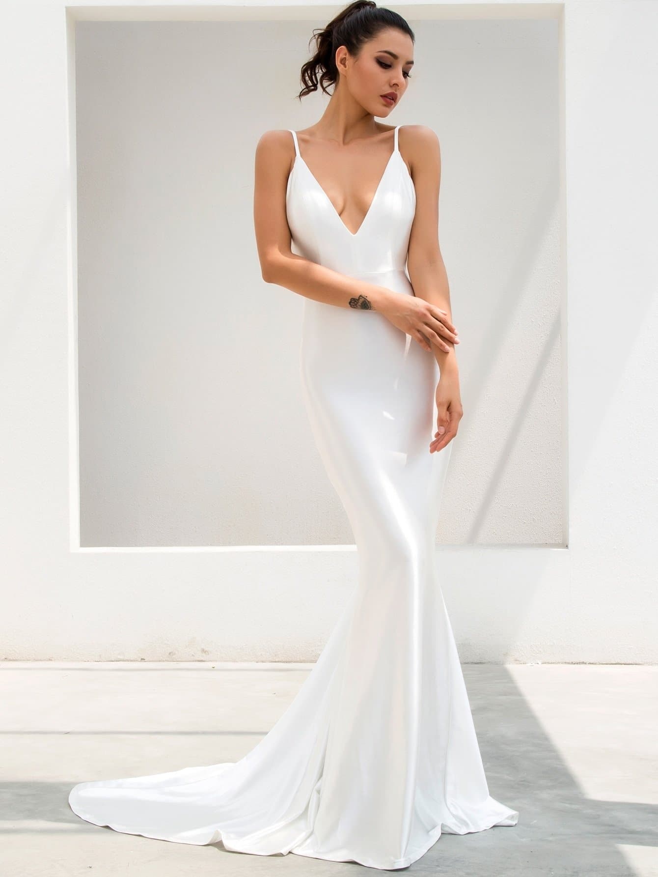 White Sleeveless Spaghetti Strap Ruched Detail Backless Floor Length Slip Dress