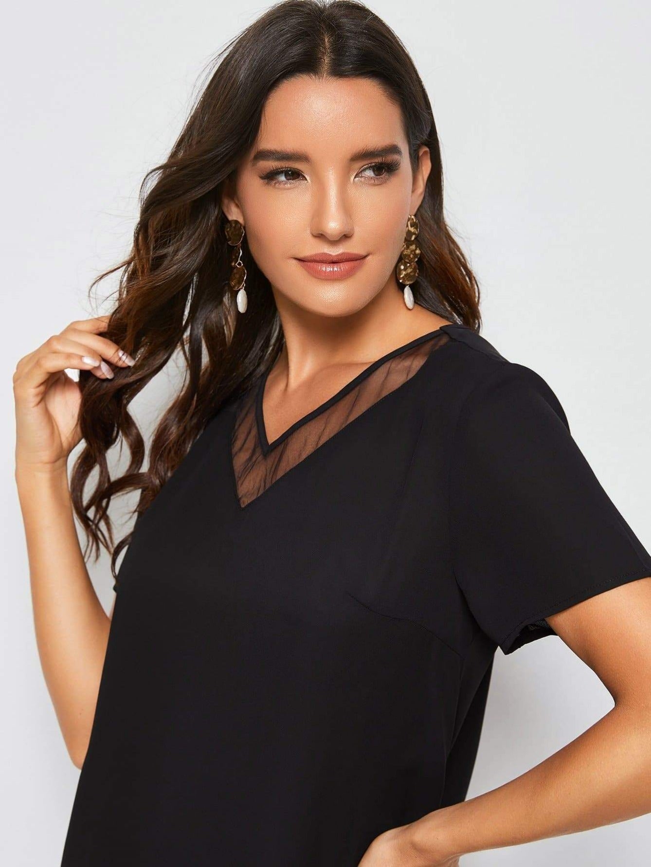 Black V-Neck Mesh Insert Solid Tunic Dress