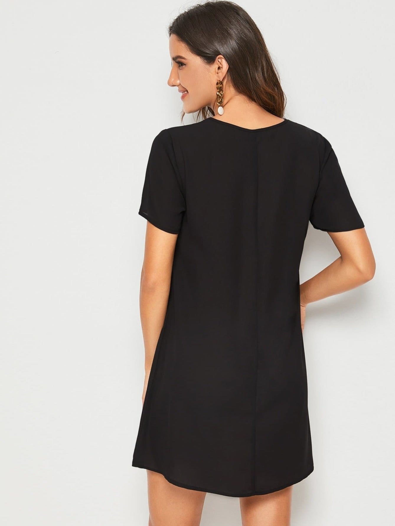Black V-Neck Mesh Insert Solid Tunic Dress