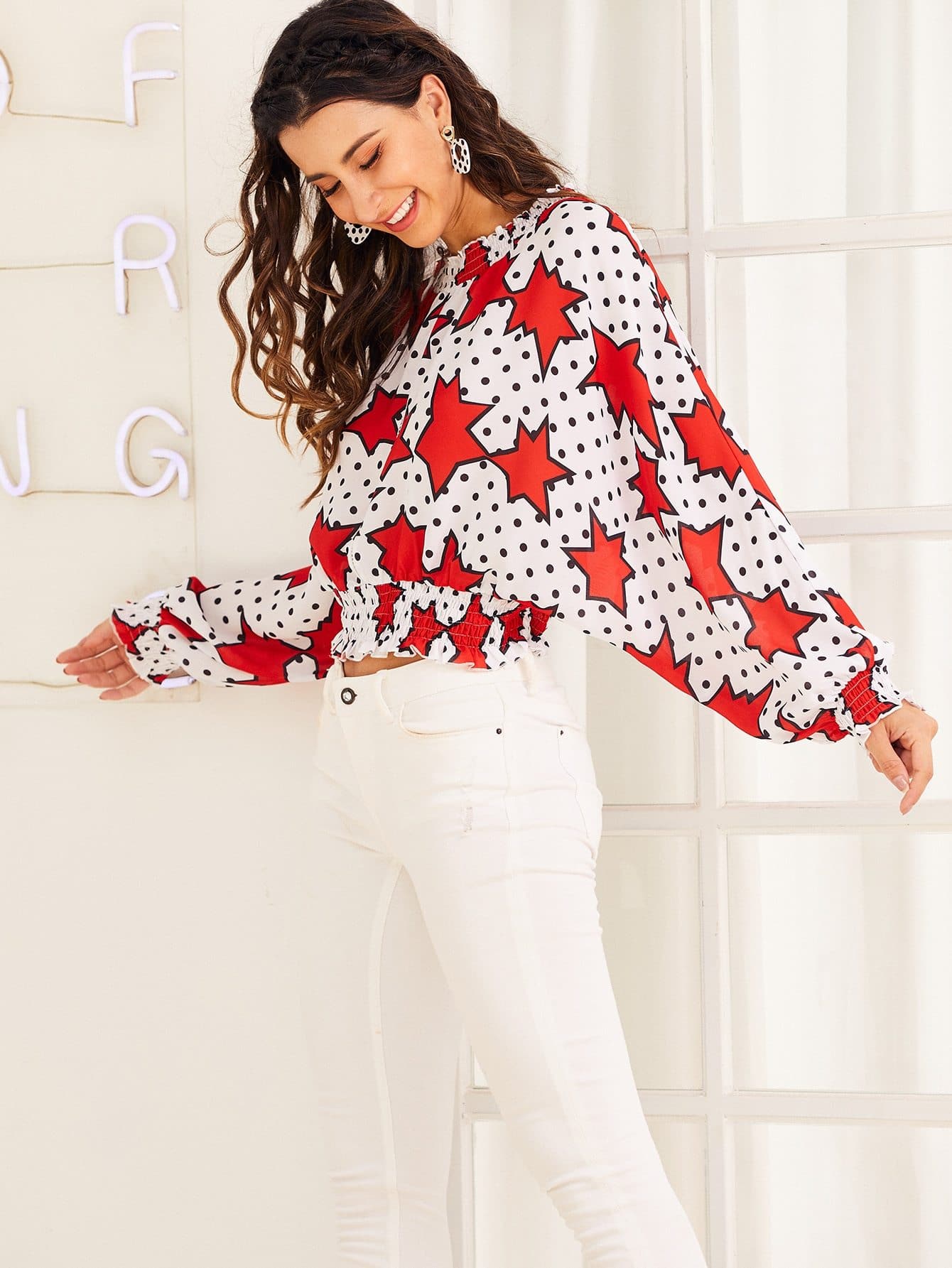 Round Neck Polka-dot Shirred Lace Insert Top