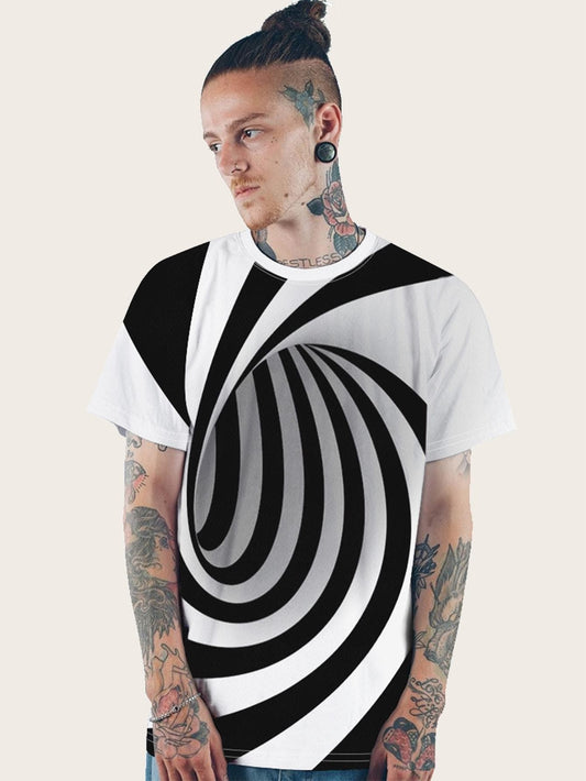 Black and White Round Neck 3D Spiral Print Tee