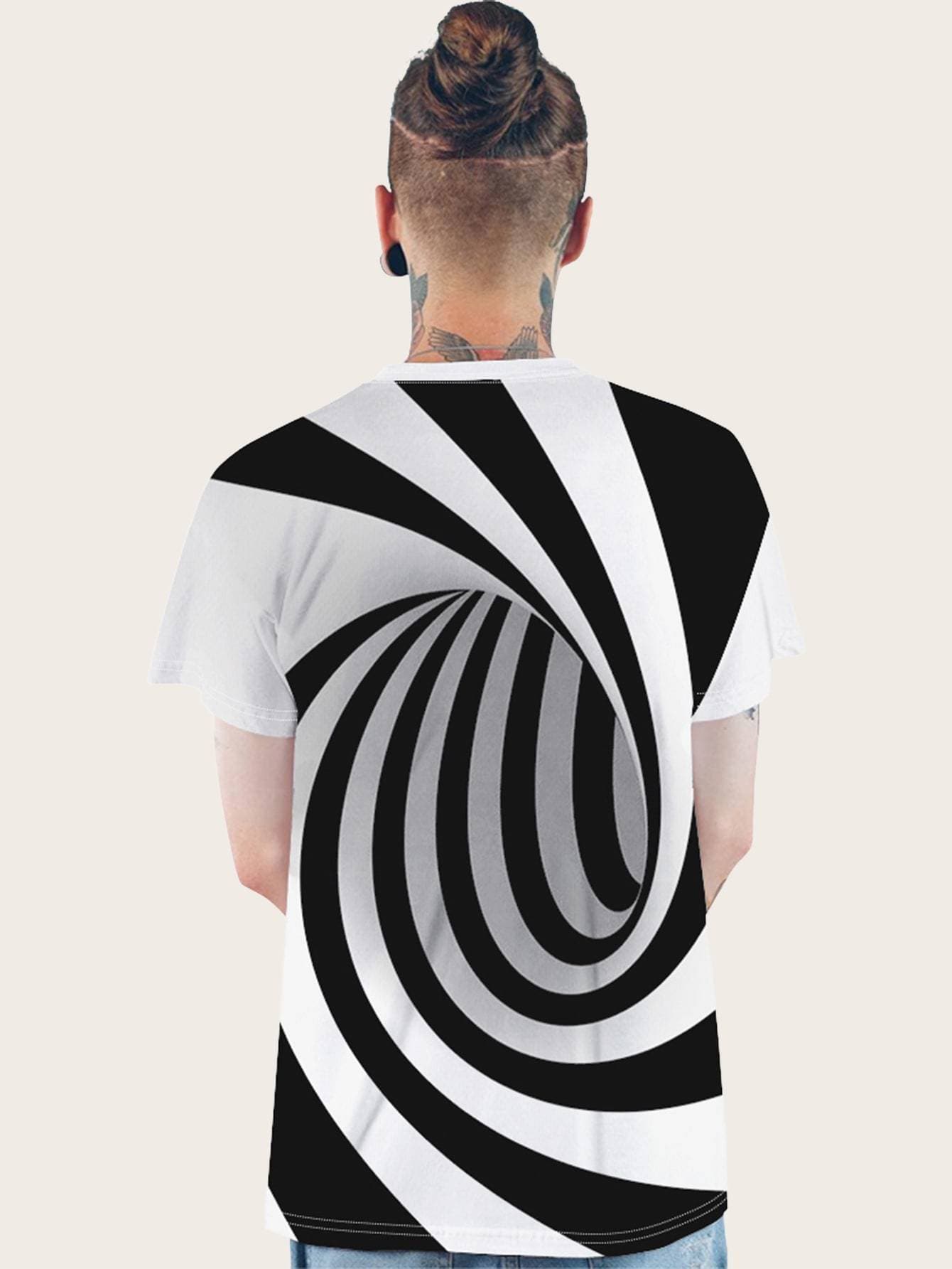 Black and White Round Neck 3D Spiral Print Tee