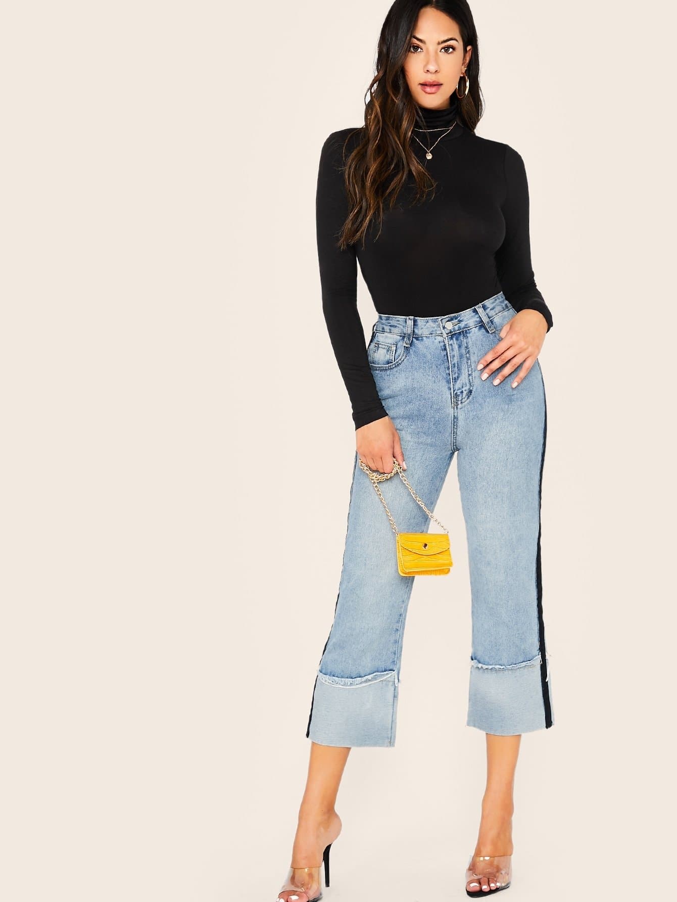 Black Solid Stand Collar High Neck Bodysuit