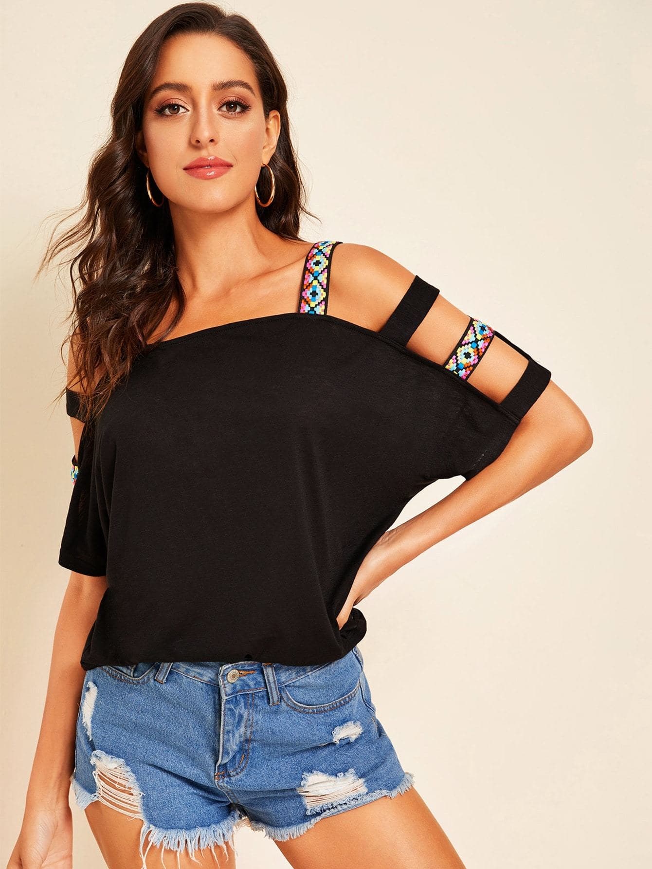 Batwing Cold Shoulder Tape Detail Top