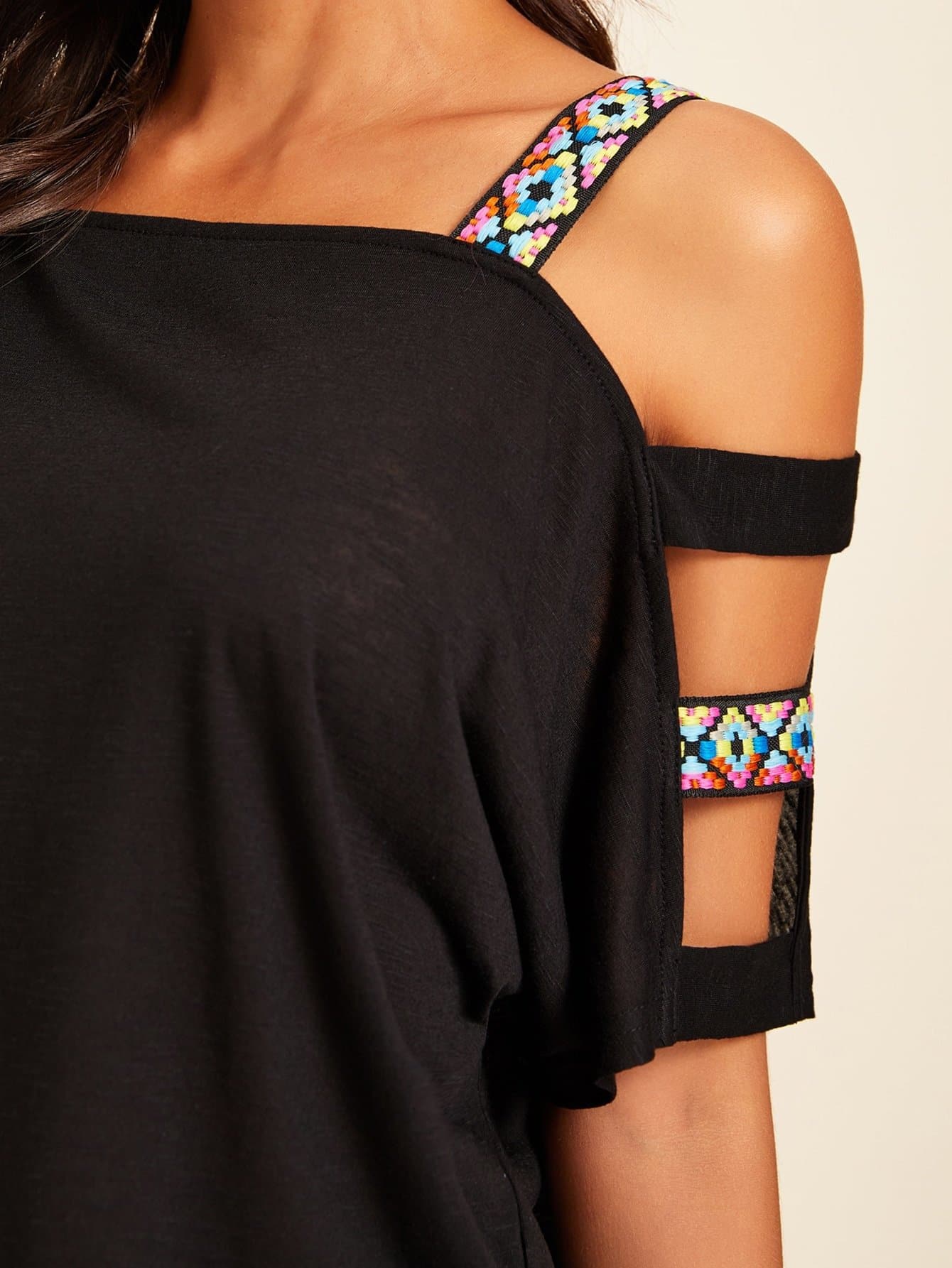 Batwing Cold Shoulder Tape Detail Top