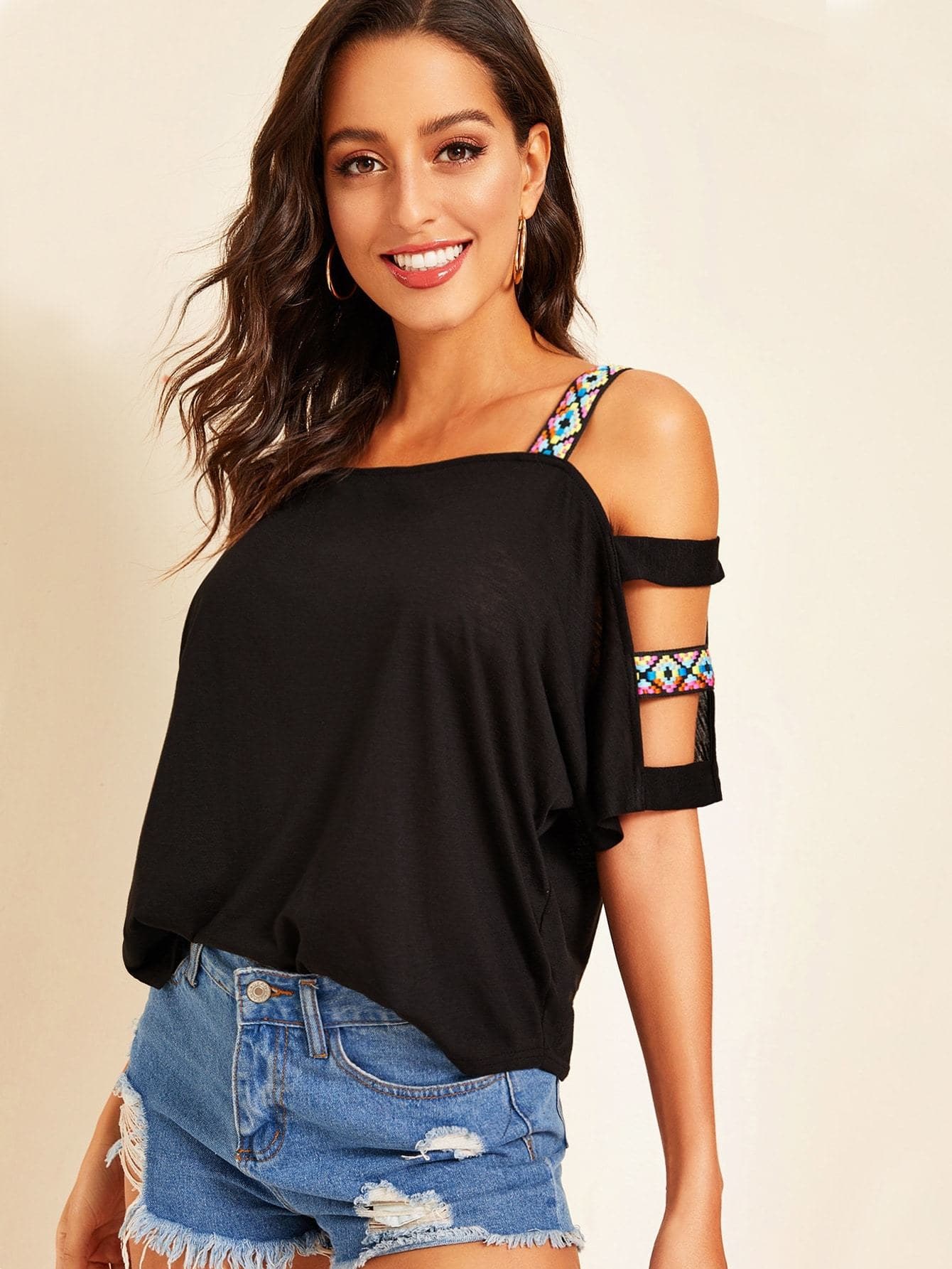 Batwing Cold Shoulder Tape Detail Top